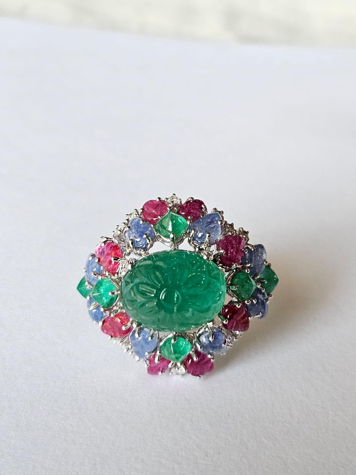 Art Deco Style Emerald, Blue Sapphire, Ruby & Diamond Tutti Frutti Cocktail Ring 11