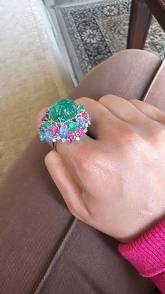 Art Deco Style Emerald, Blue Sapphire, Ruby & Diamond Tutti Frutti Cocktail Ring