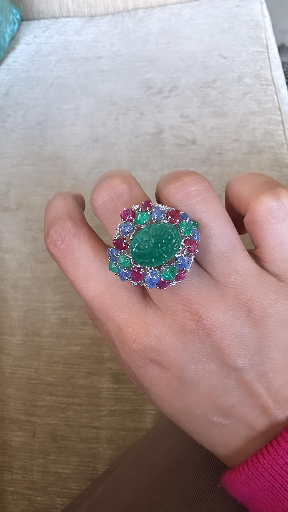 Art Deco Style Emerald, Blue Sapphire, Ruby & Diamond Tutti Frutti Cocktail Ring In New Condition In Hong Kong, HK