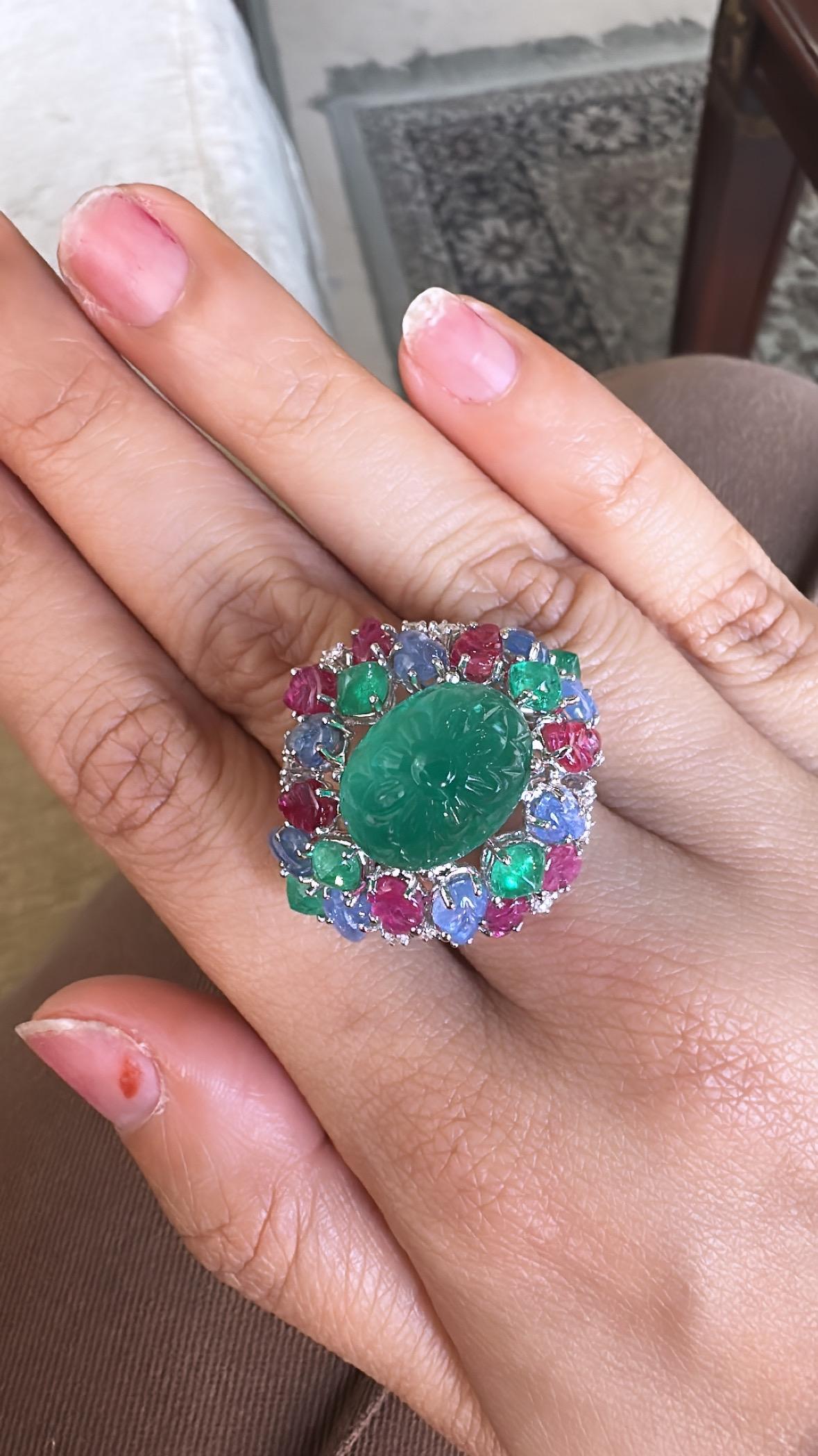 Art Deco Style Emerald, Blue Sapphire, Ruby & Diamond Tutti Frutti Cocktail Ring 1