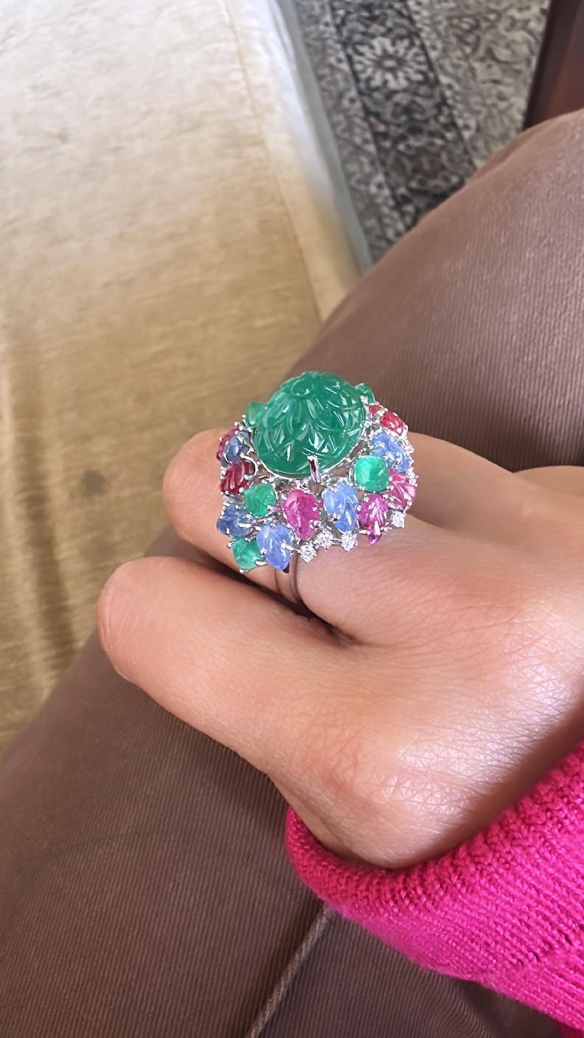 Art Deco Style Emerald, Blue Sapphire, Ruby & Diamond Tutti Frutti Cocktail Ring 2