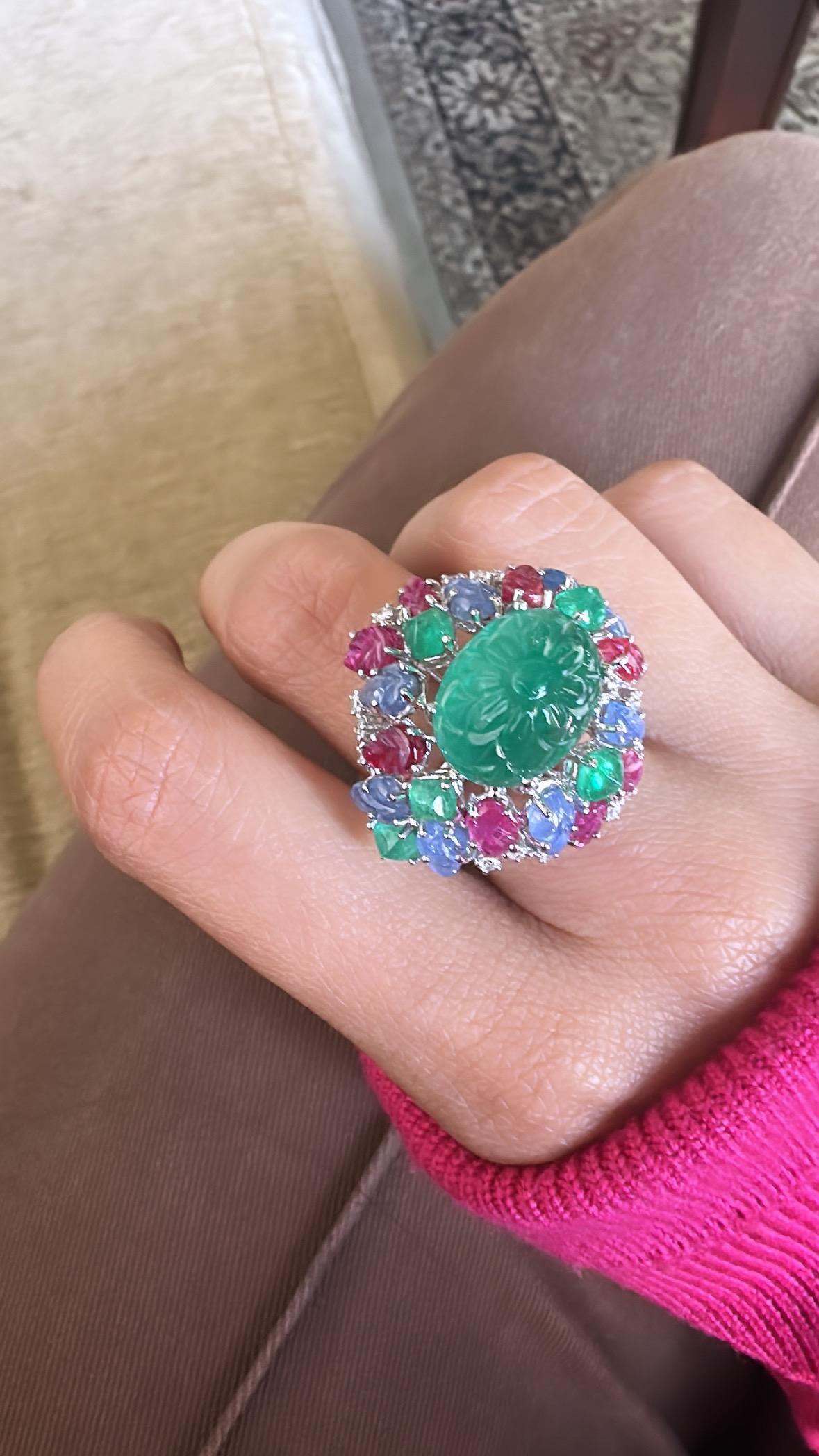 Art Deco Style Emerald, Blue Sapphire, Ruby & Diamond Tutti Frutti Cocktail Ring 3