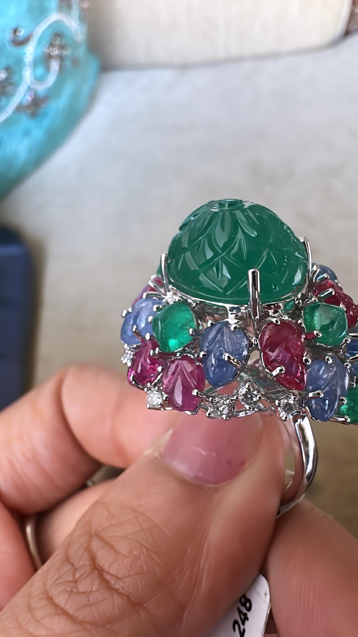 Art Deco Style Emerald, Blue Sapphire, Ruby & Diamond Tutti Frutti Cocktail Ring 4