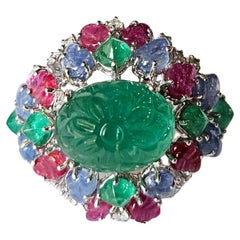 Art Deco Style Emerald, Blue Sapphire, Ruby & Diamond Tutti Frutti Cocktail Ring
