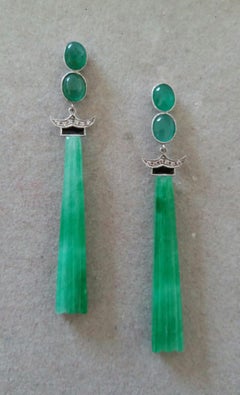 Art Deco Style Emerald Cabs Enamel Gold Diamonds Carved Jade Dangle Earrings
