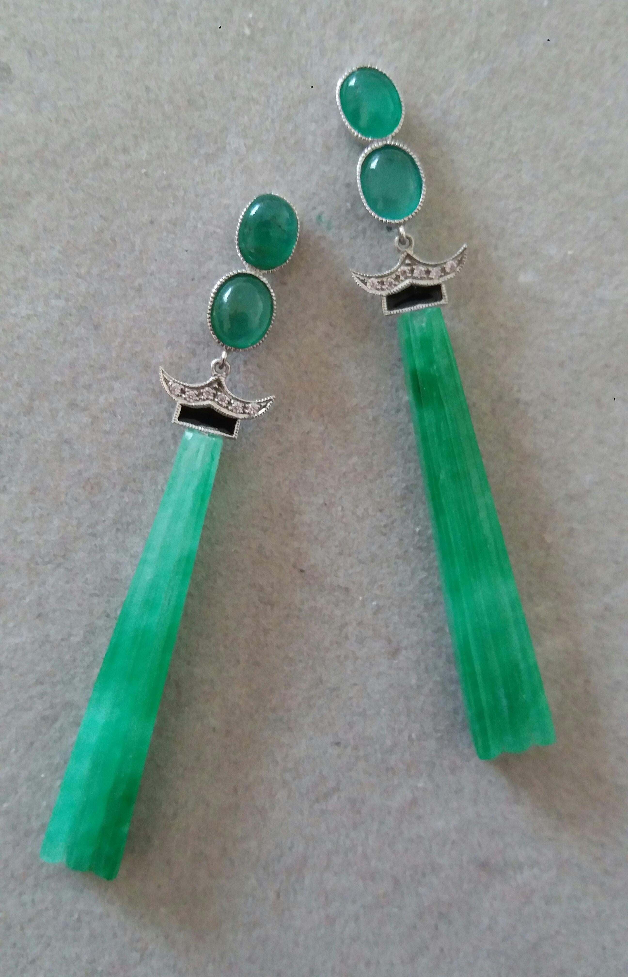 Mixed Cut Art Deco Style Emerald Cabs Enamel Gold Diamonds Carved Jade Dangle Earrings For Sale