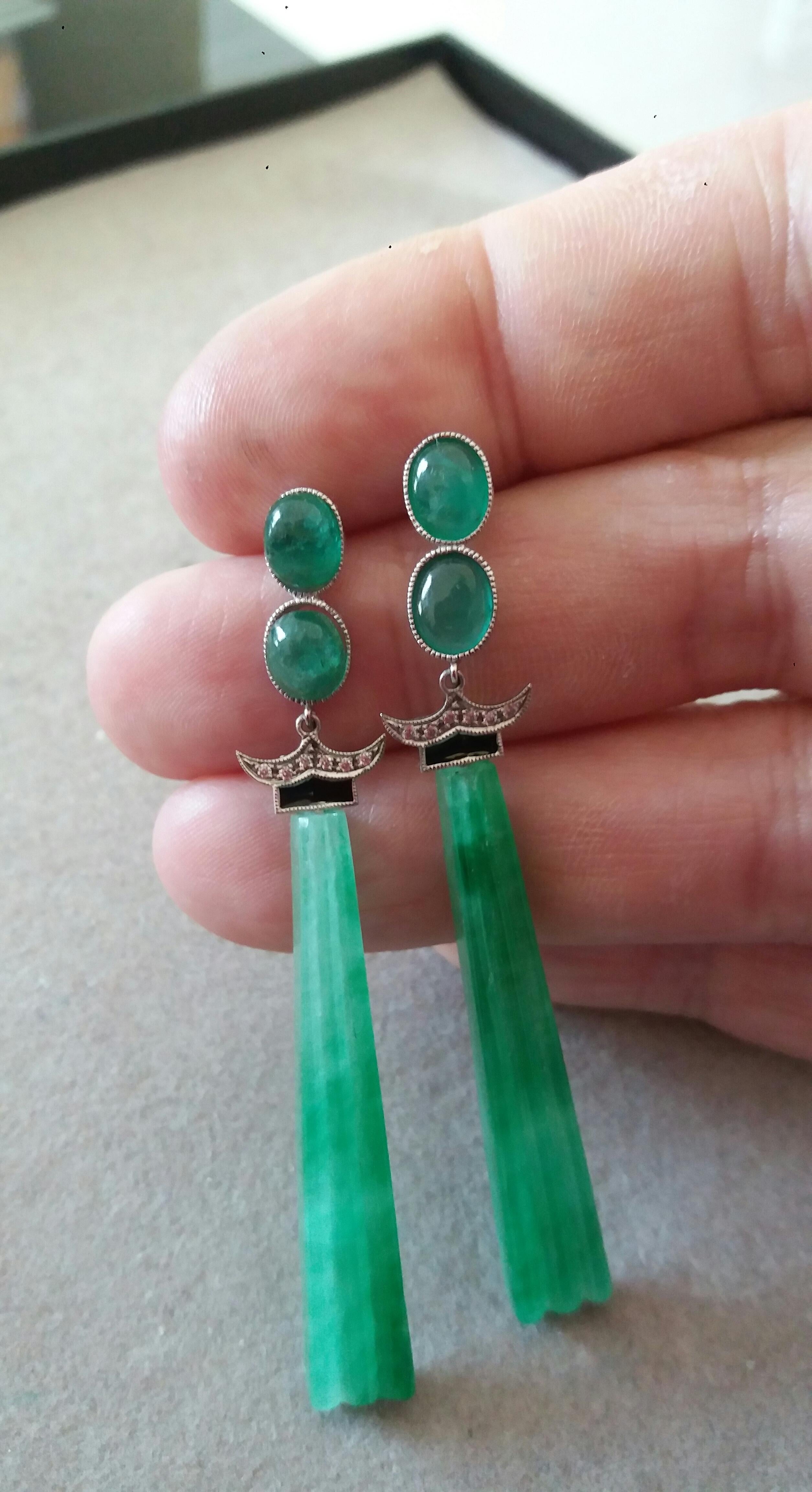 Women's Art Deco Style Emerald Cabs Enamel Gold Diamonds Carved Jade Dangle Earrings For Sale