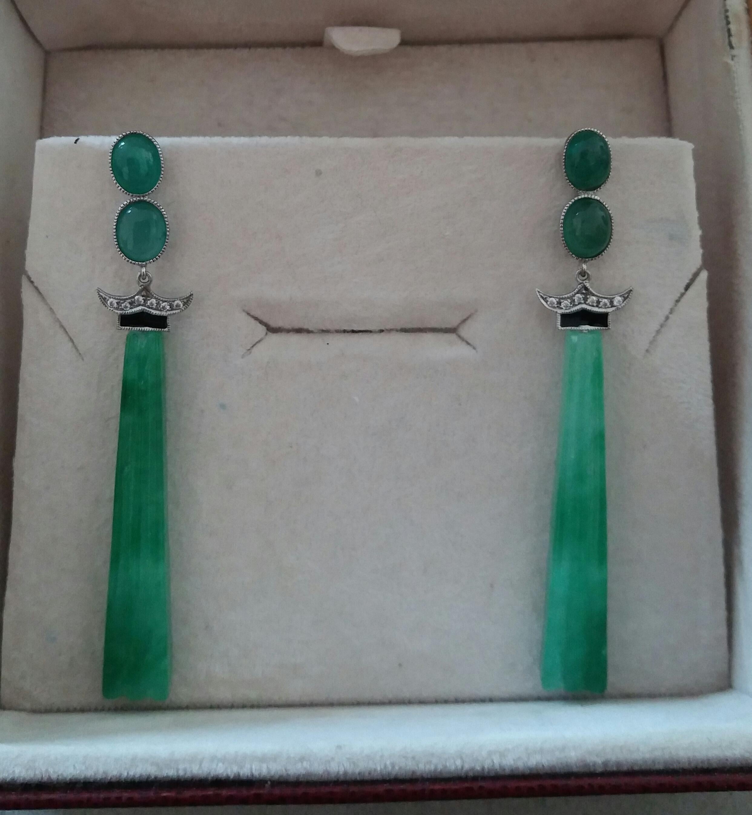 Art Deco Style Emerald Cabs Enamel Gold Diamonds Carved Jade Dangle Earrings For Sale 1