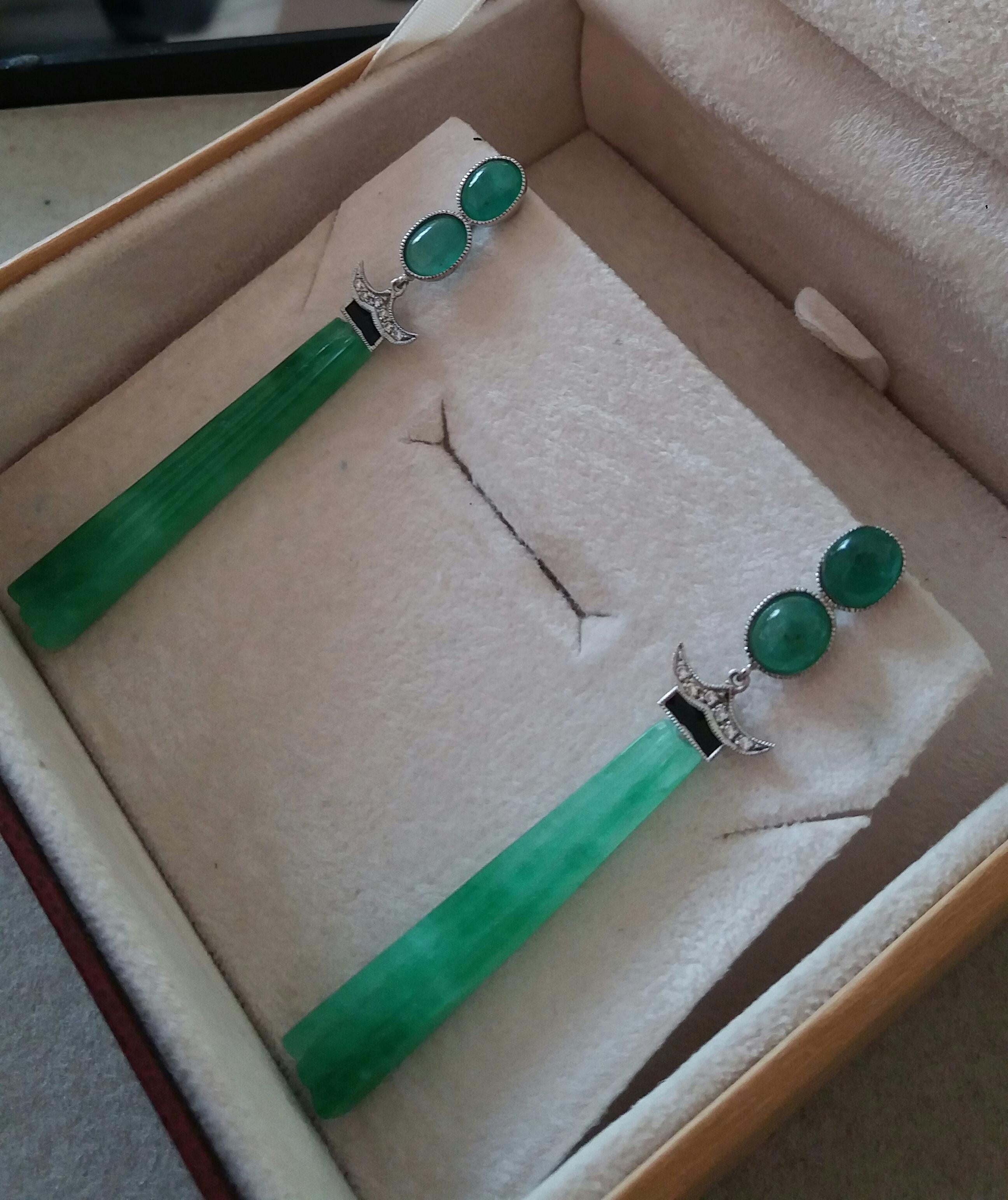 Art Deco Style Emerald Cabs Enamel Gold Diamonds Carved Jade Dangle Earrings For Sale 2