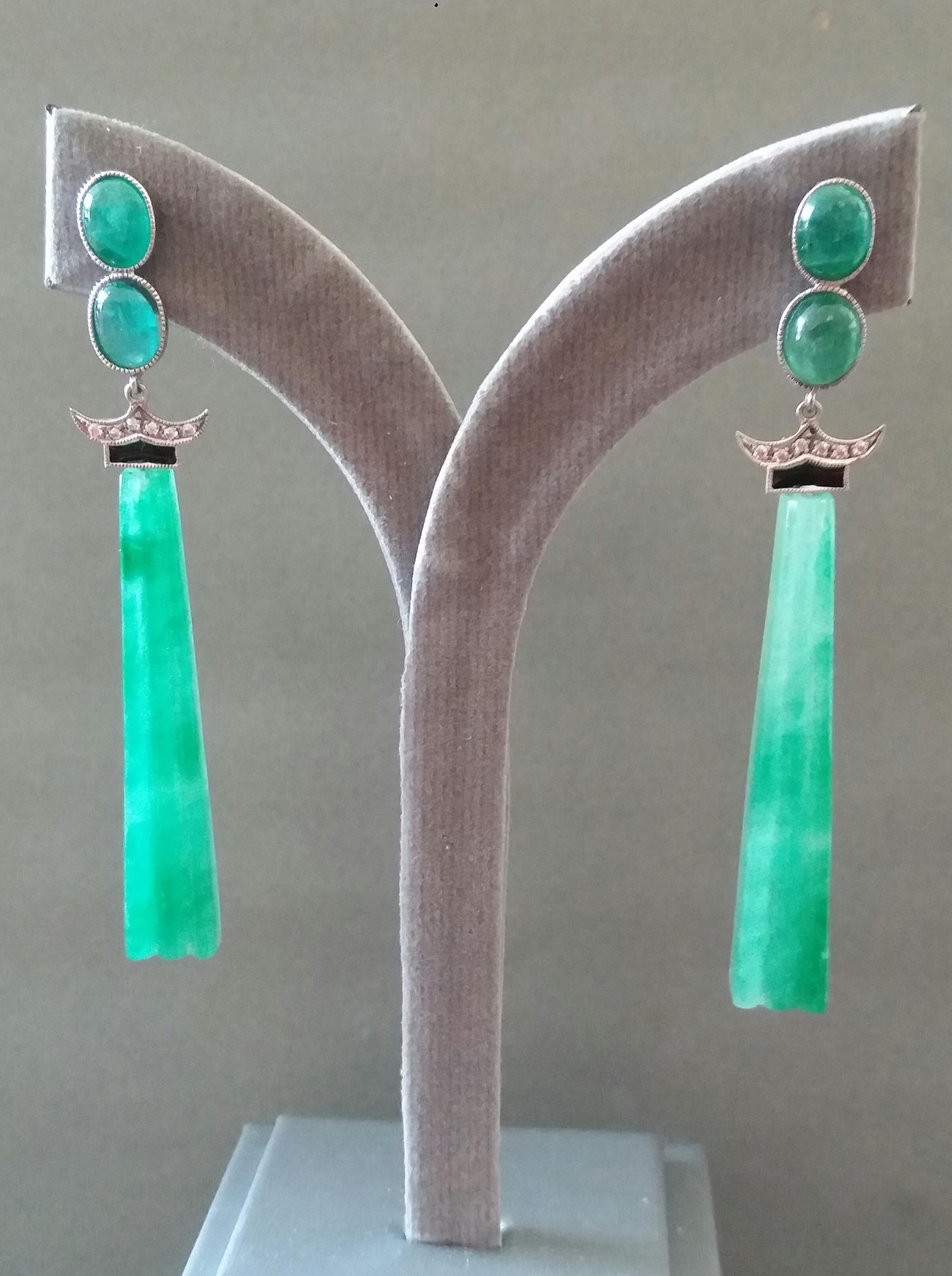 Art Deco Style Emerald Cabs Enamel Gold Diamonds Carved Jade Dangle Earrings For Sale 3