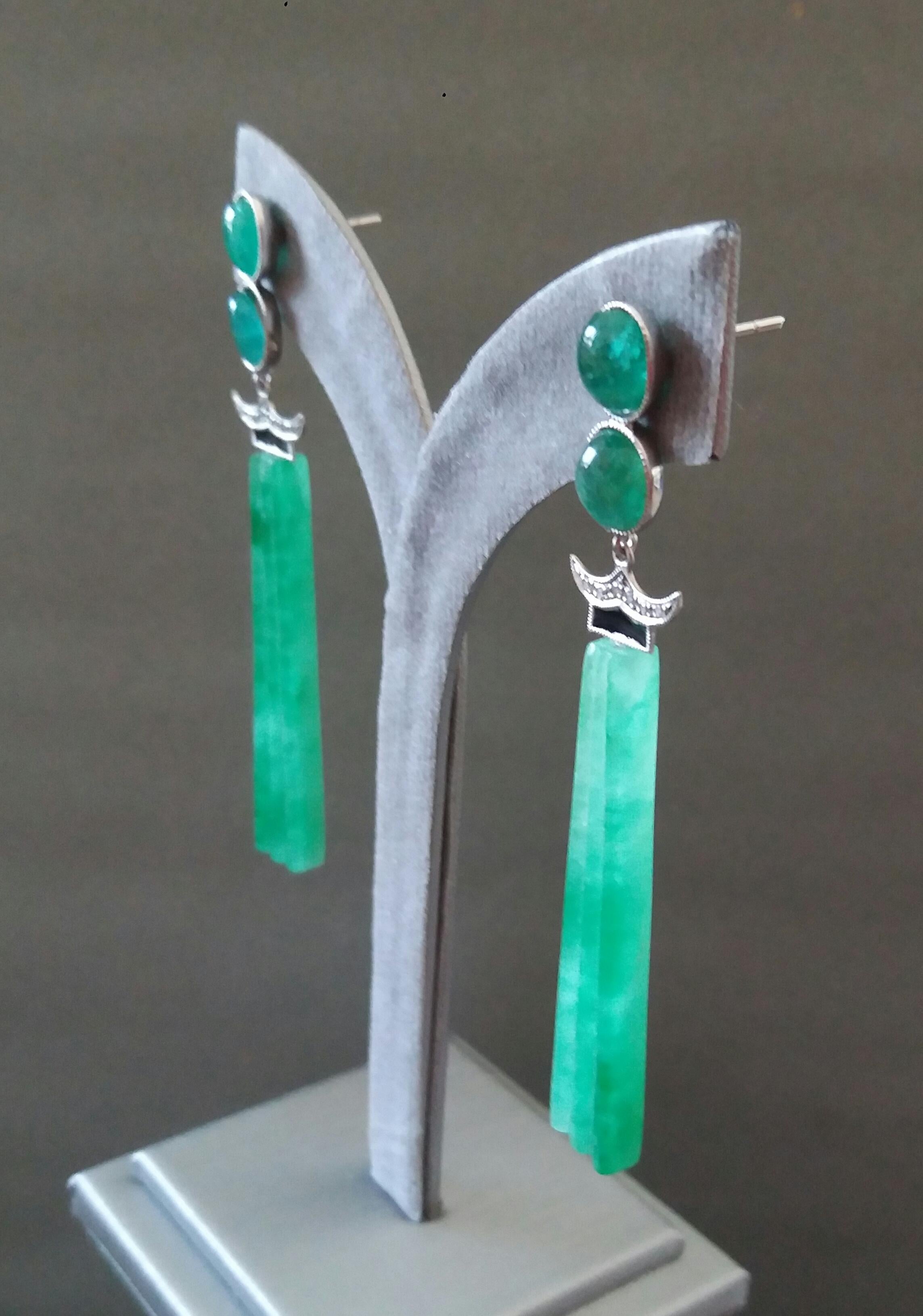 Art Deco Style Emerald Cabs Enamel Gold Diamonds Carved Jade Dangle Earrings For Sale 4