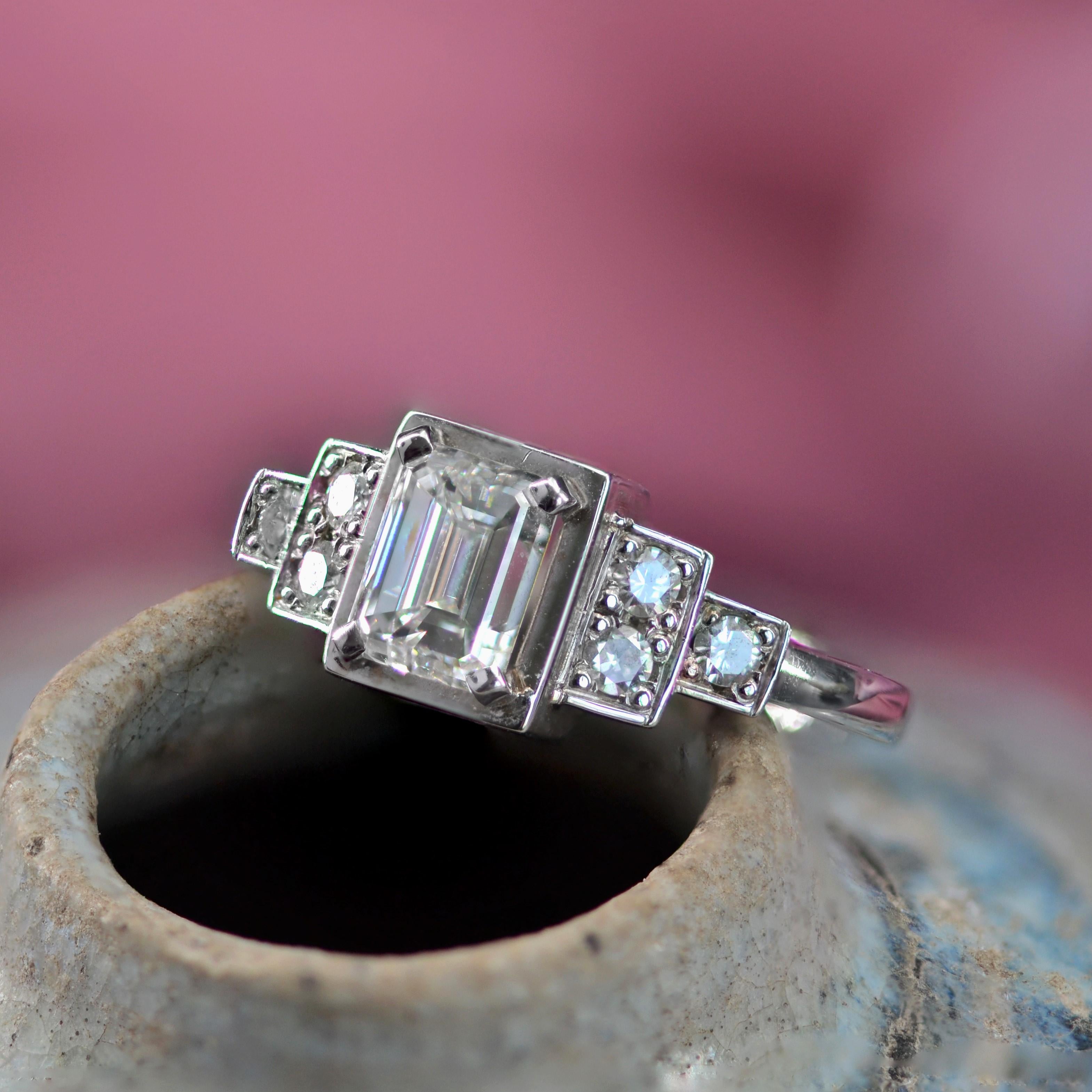 Art Deco Style Emerald Cut And Brilliant Cut Diamond Gold Ring 13