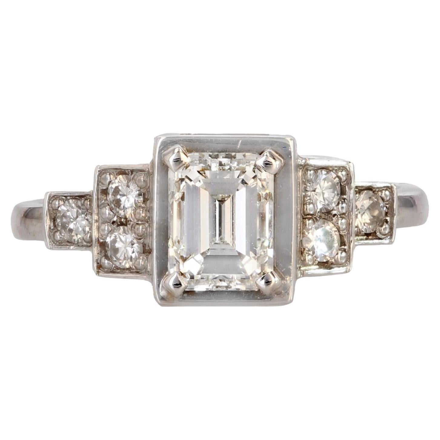 Art Deco Style Emerald Cut And Brilliant Cut Diamond Gold Ring