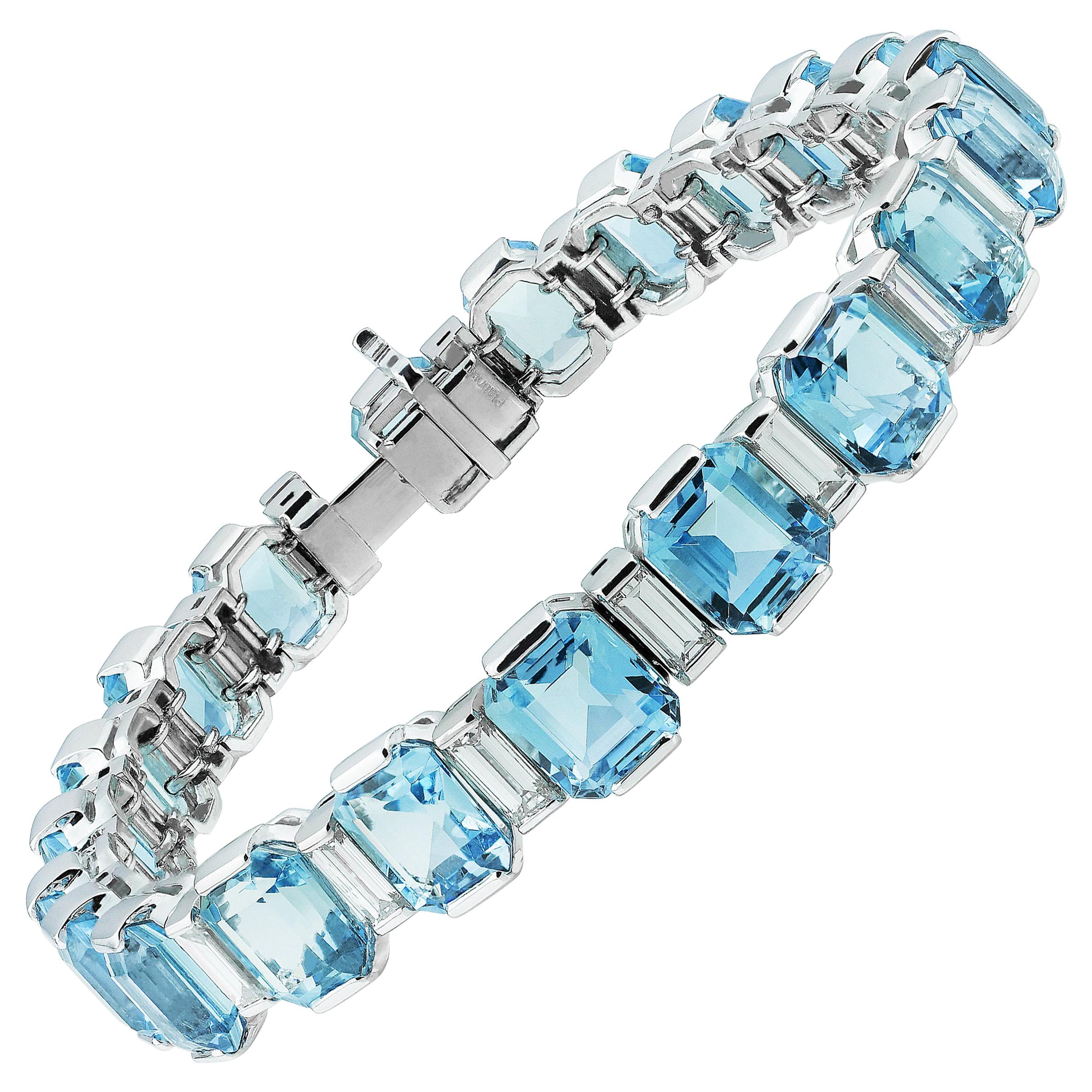 Art Deco Style Emerald Cut Aquamarine 34.0 ct & Diamond Line Bracelet, Platinum
