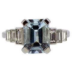 Art Deco Style Emerald Cut Aquamarine Ring, Baguette Diamond Shoulders, Platinum