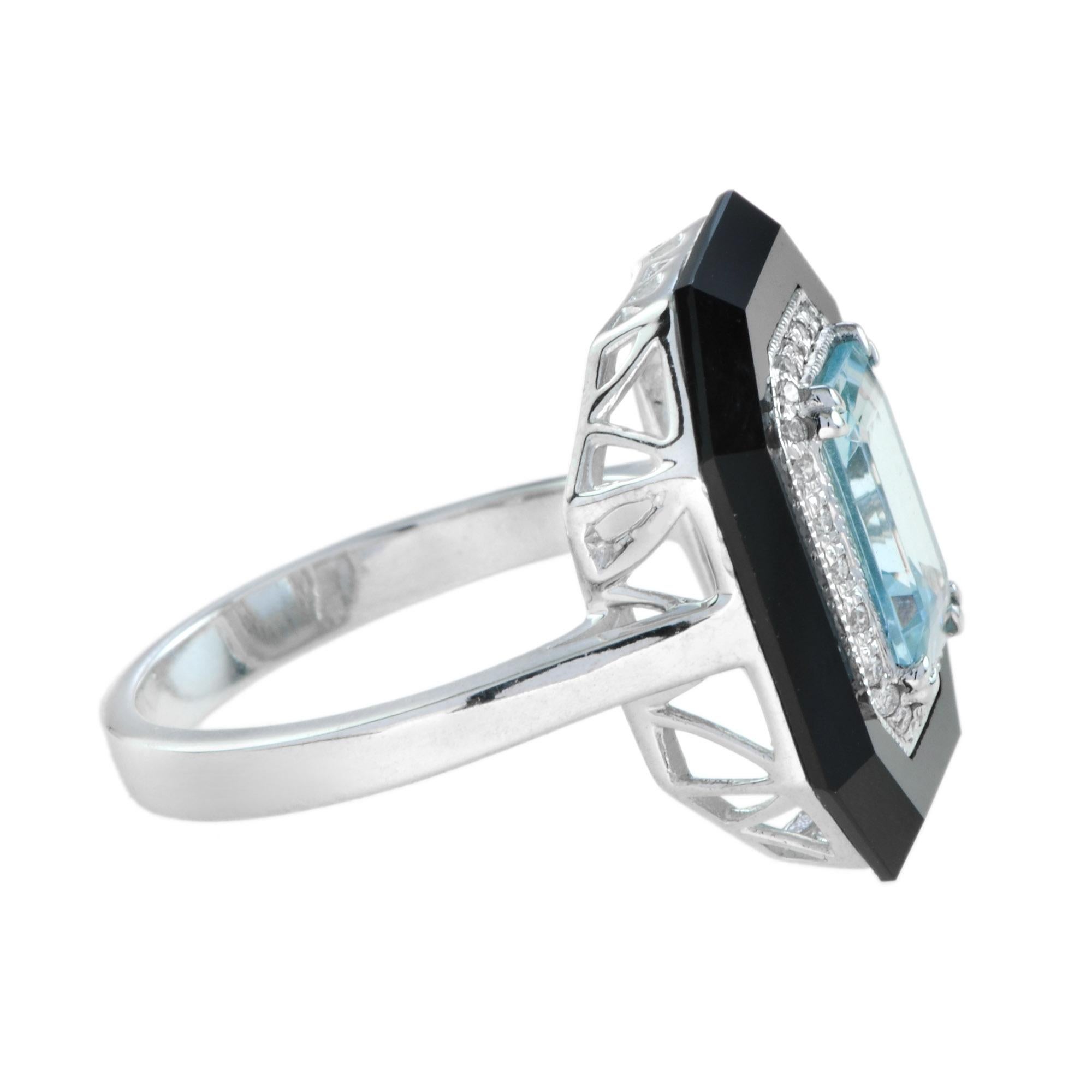 Art Deco Style Emerald Cut Blue Aquamarine & Diamond Onyx 14K White Gold Ring In New Condition For Sale In Oakton, VA