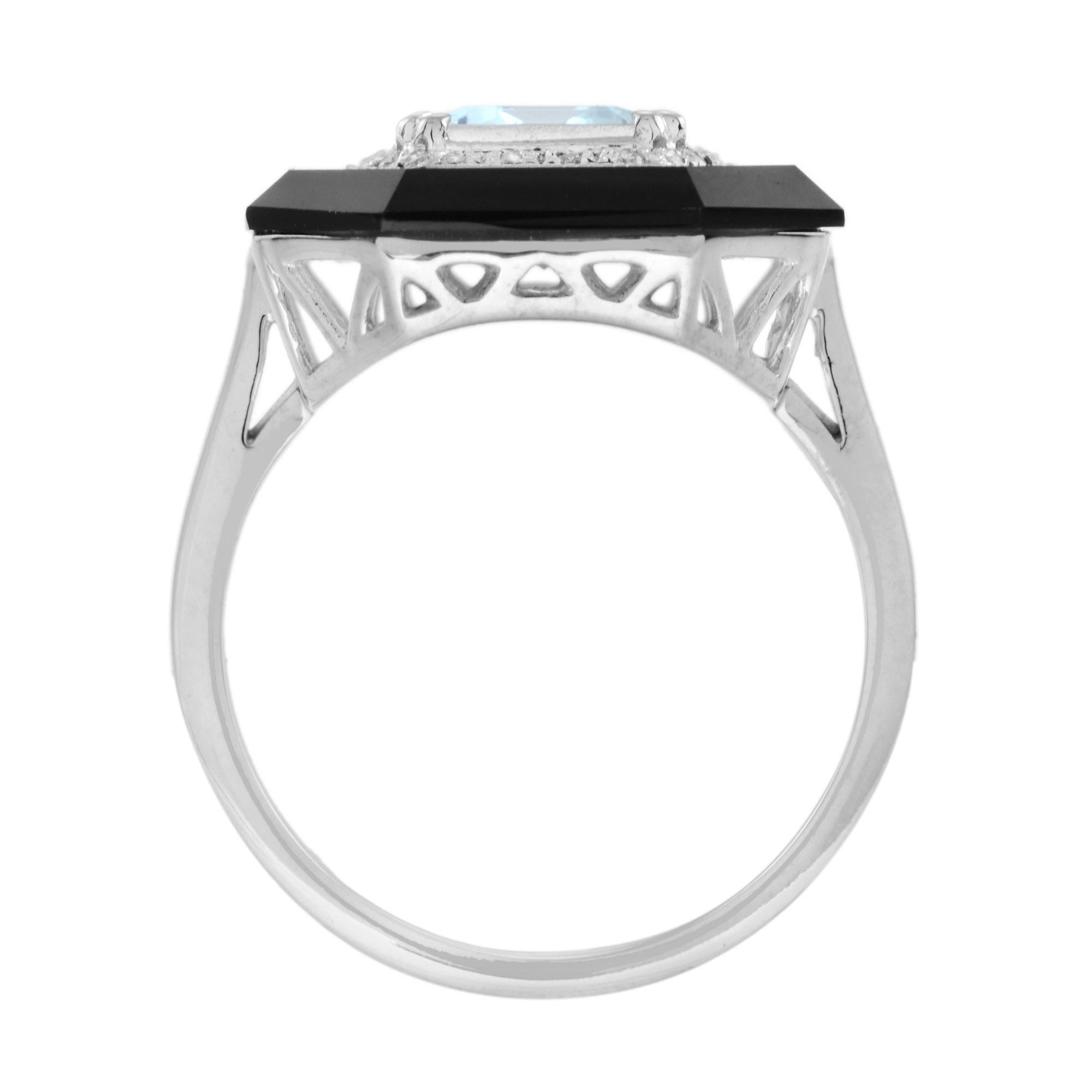 Women's or Men's Art Deco Style Emerald Cut Blue Aquamarine & Diamond Onyx 14K White Gold Ring For Sale