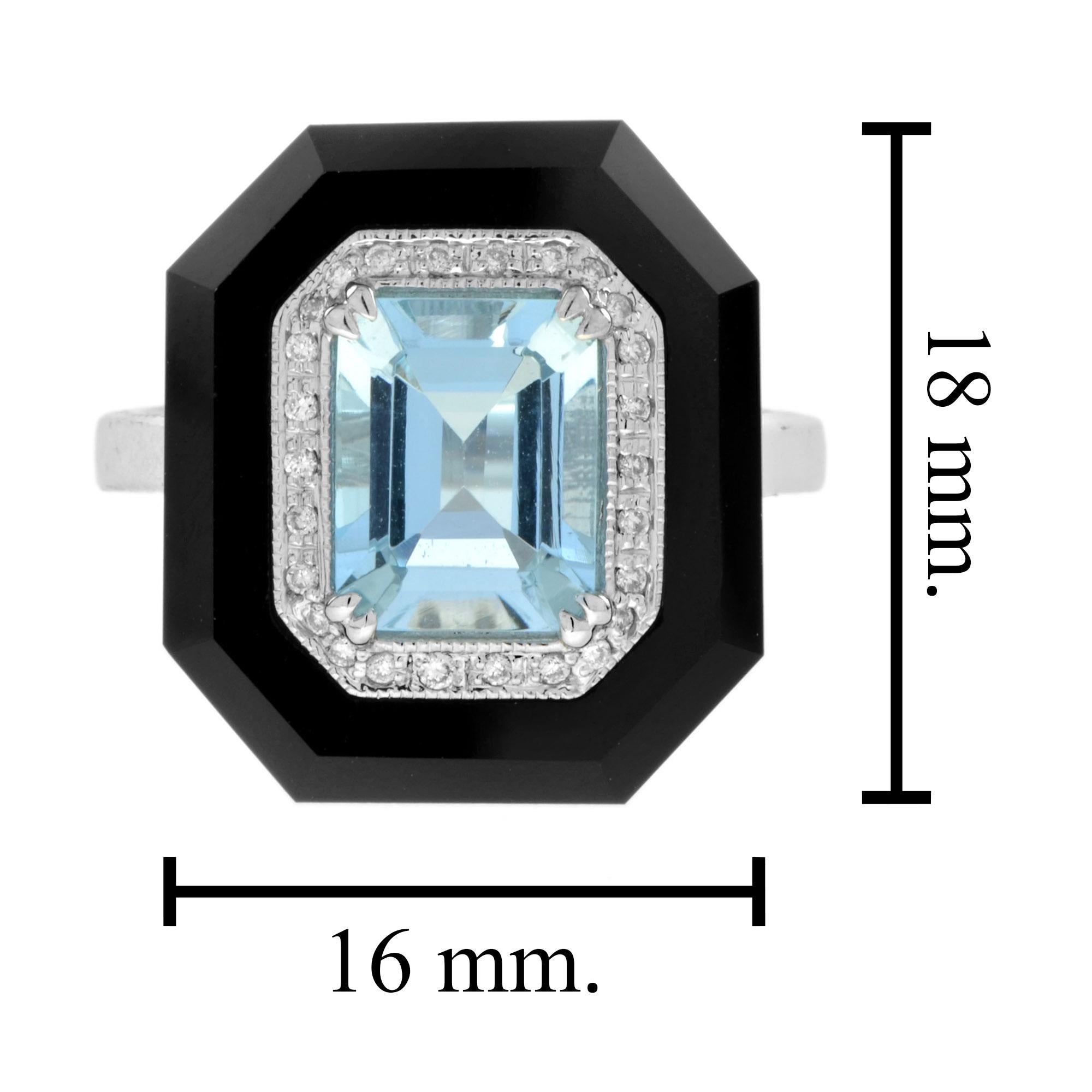Art Deco Style Emerald Cut Blue Aquamarine & Diamond Onyx 14K White Gold Ring For Sale 1