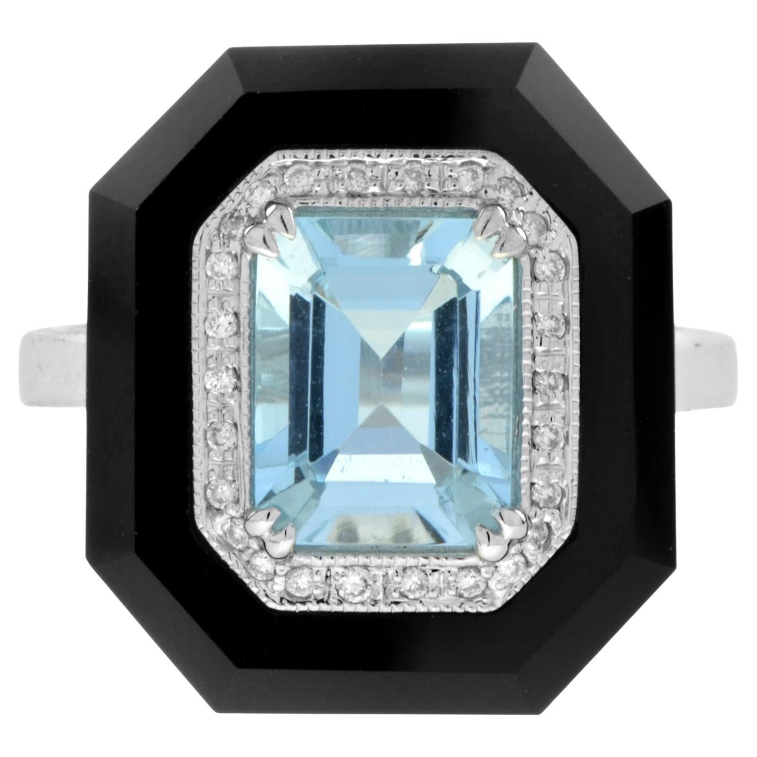 Art Deco Style Emerald Cut Blue Aquamarine & Diamond Onyx 14K White Gold Ring