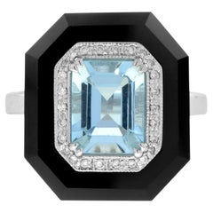 Art Deco Style Emerald Cut Blue Aquamarine & Diamond Onyx 14K White Gold Ring