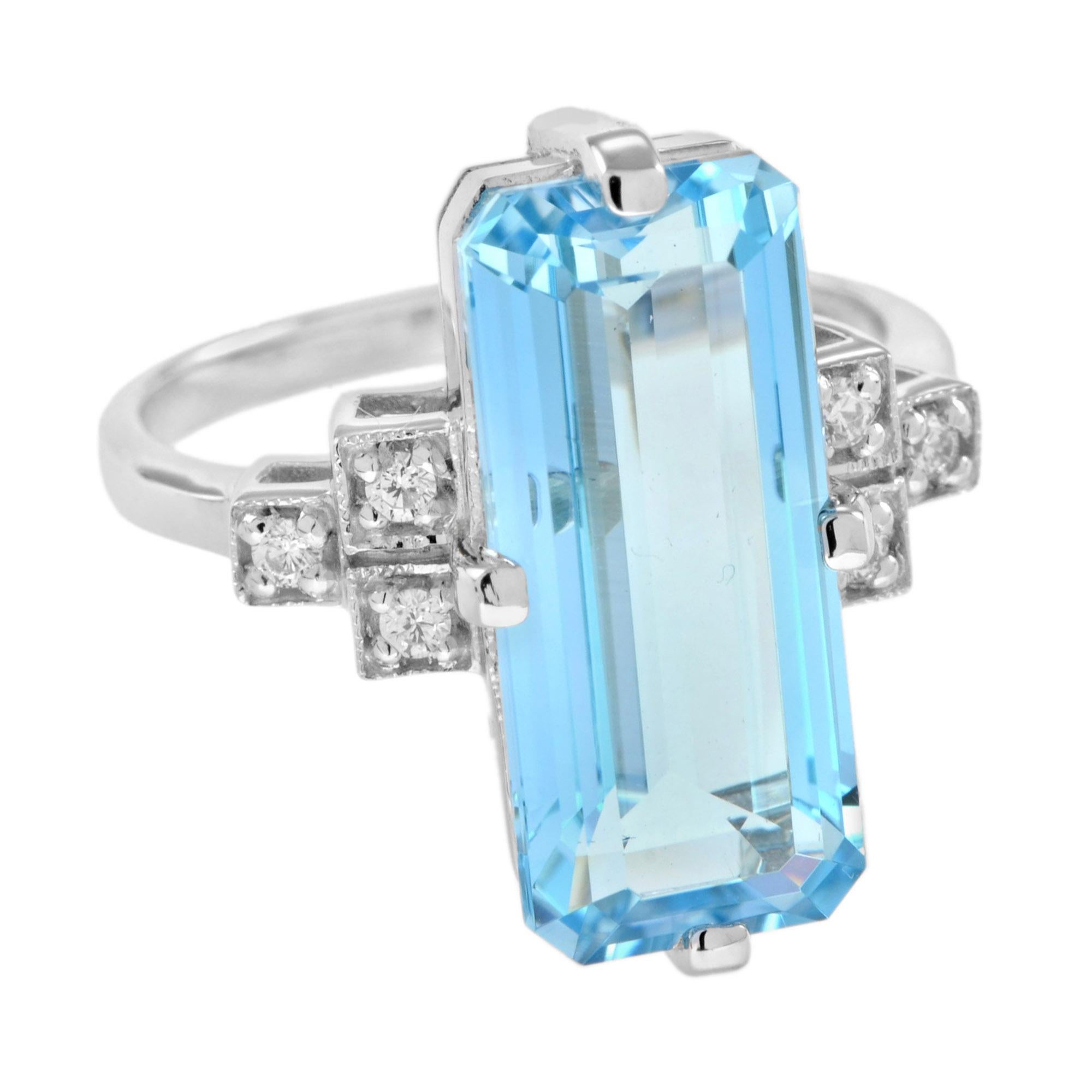 For Sale:  Art Deco Style Emerald Cut Blue Topaz and Diamond Cocktail Ring in 18K Gold 2