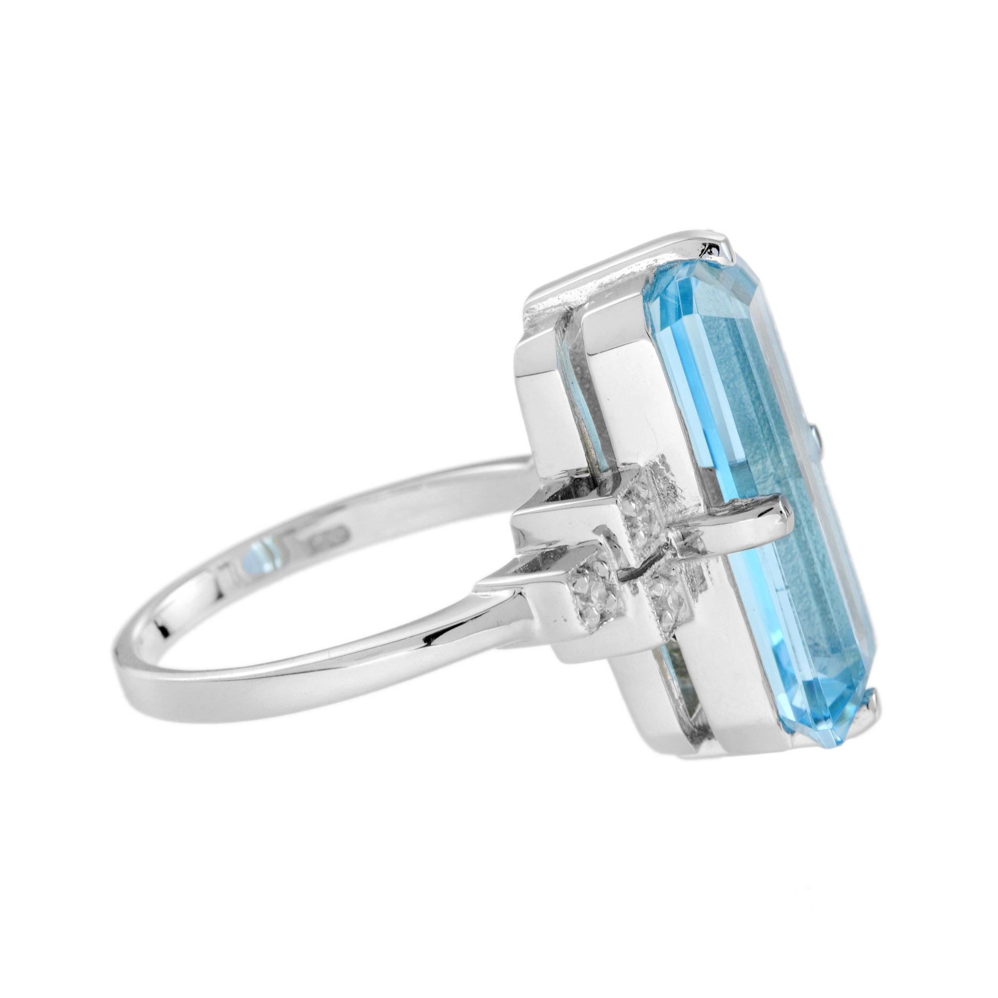 For Sale:  Art Deco Style Emerald Cut Blue Topaz and Diamond Cocktail Ring in 18K Gold 3