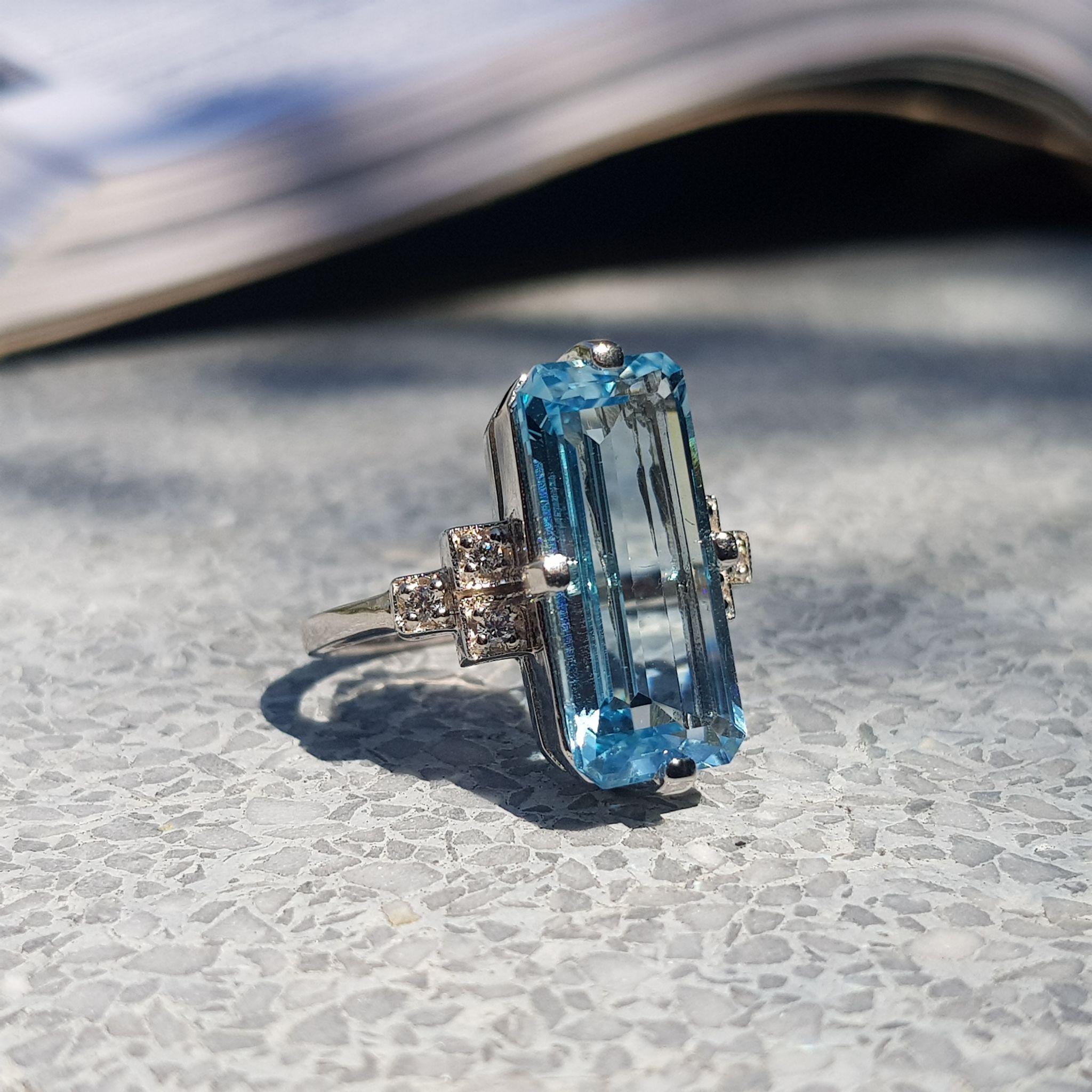 For Sale:  Art Deco Style Emerald Cut Blue Topaz and Diamond Cocktail Ring in 18K Gold 8