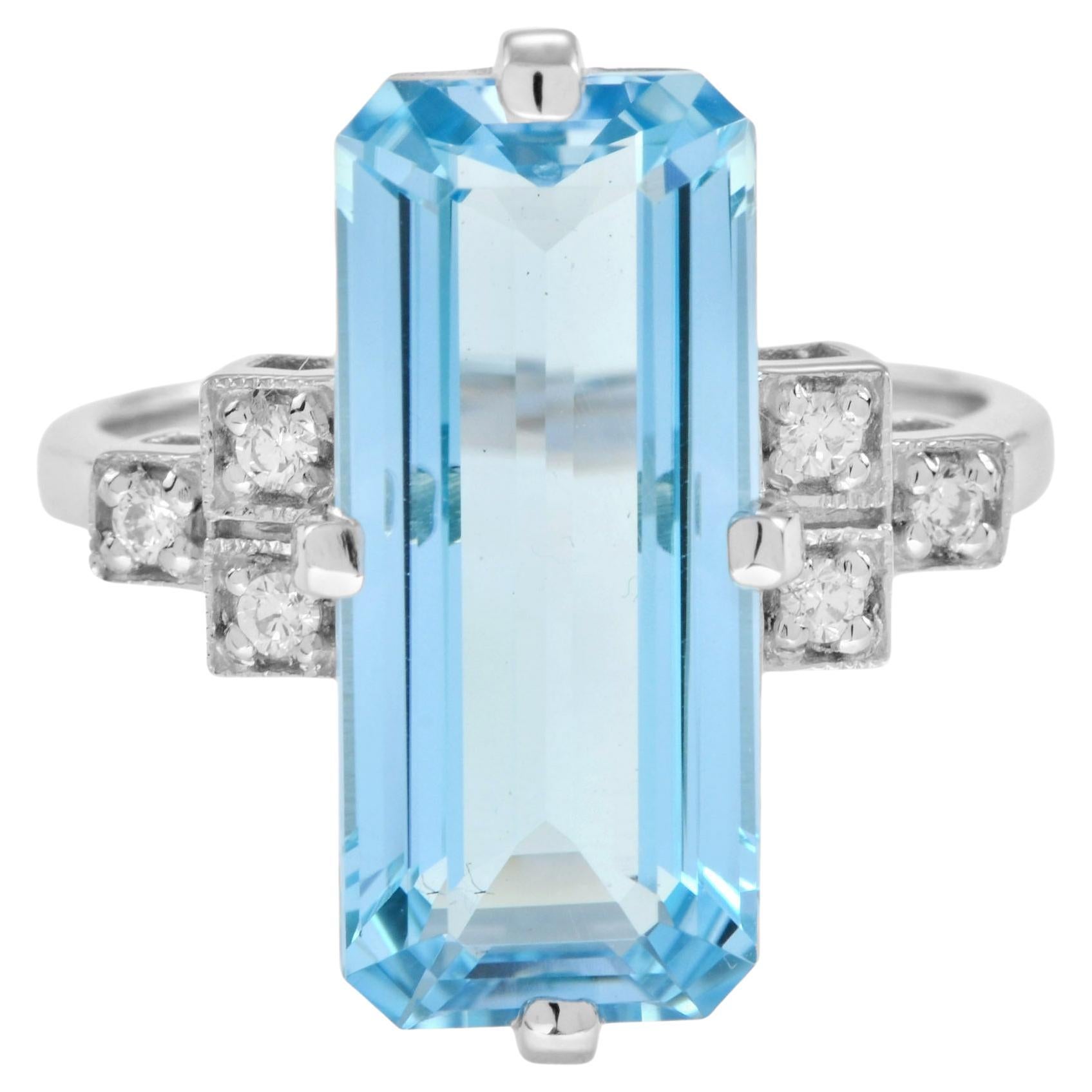 Art Deco Style Emerald Cut Blue Topaz and Diamond Cocktail Ring in 18K Gold