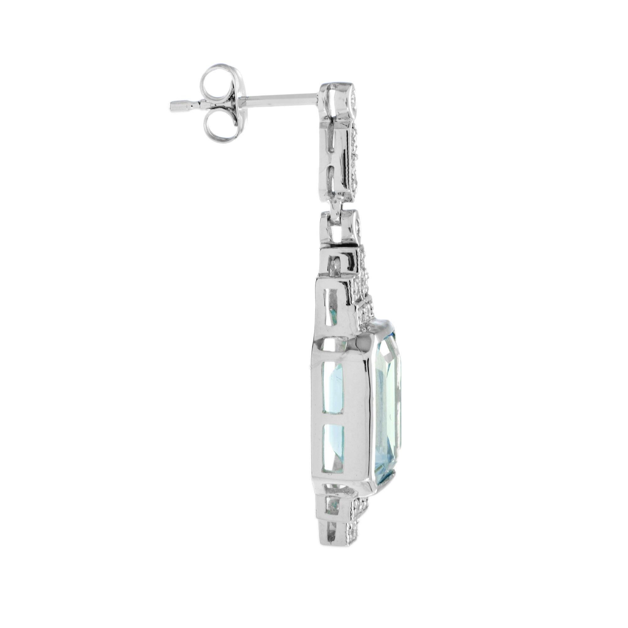 Women's Art Deco Style Emerald Cut Blue Topaz and Diamond in 9K White Gold I For Sale