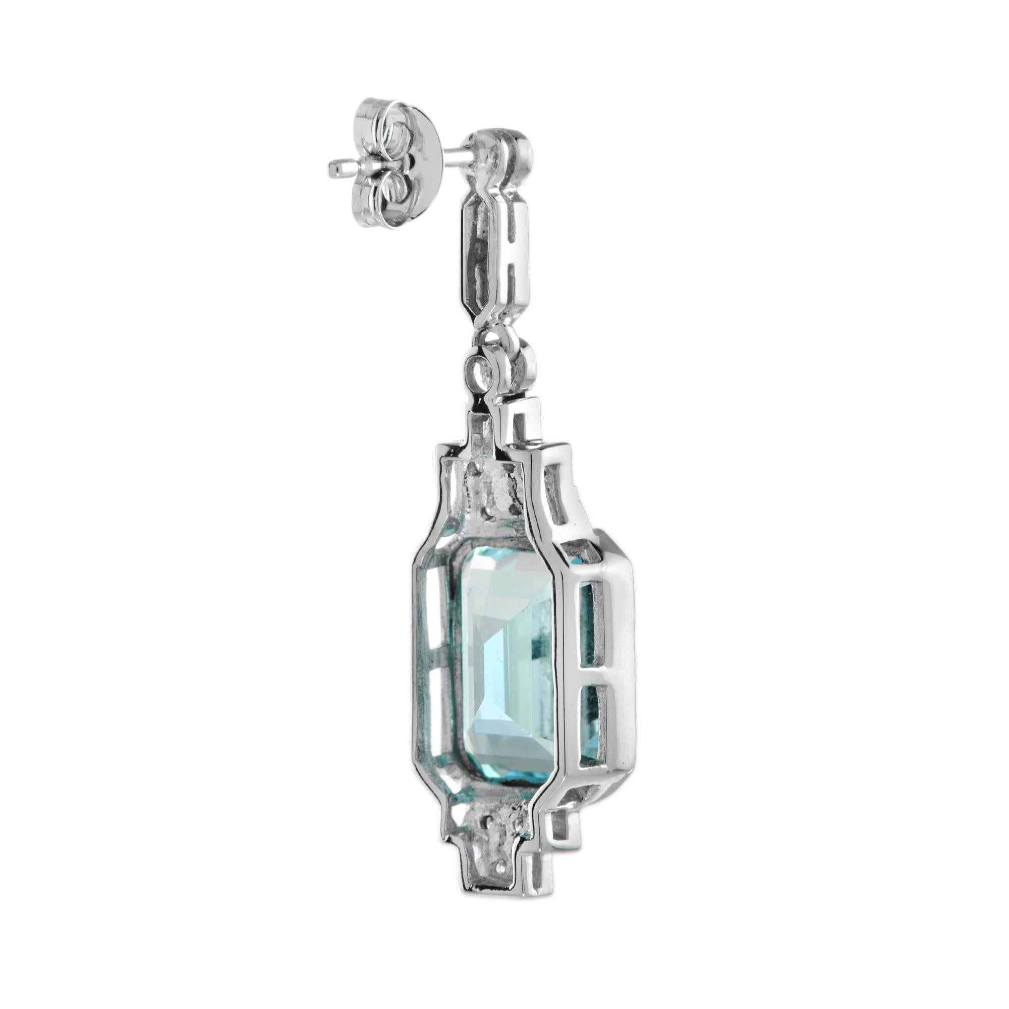 Art Deco Style Emerald Cut Blue Topaz and Diamond in 9K White Gold I For Sale 1
