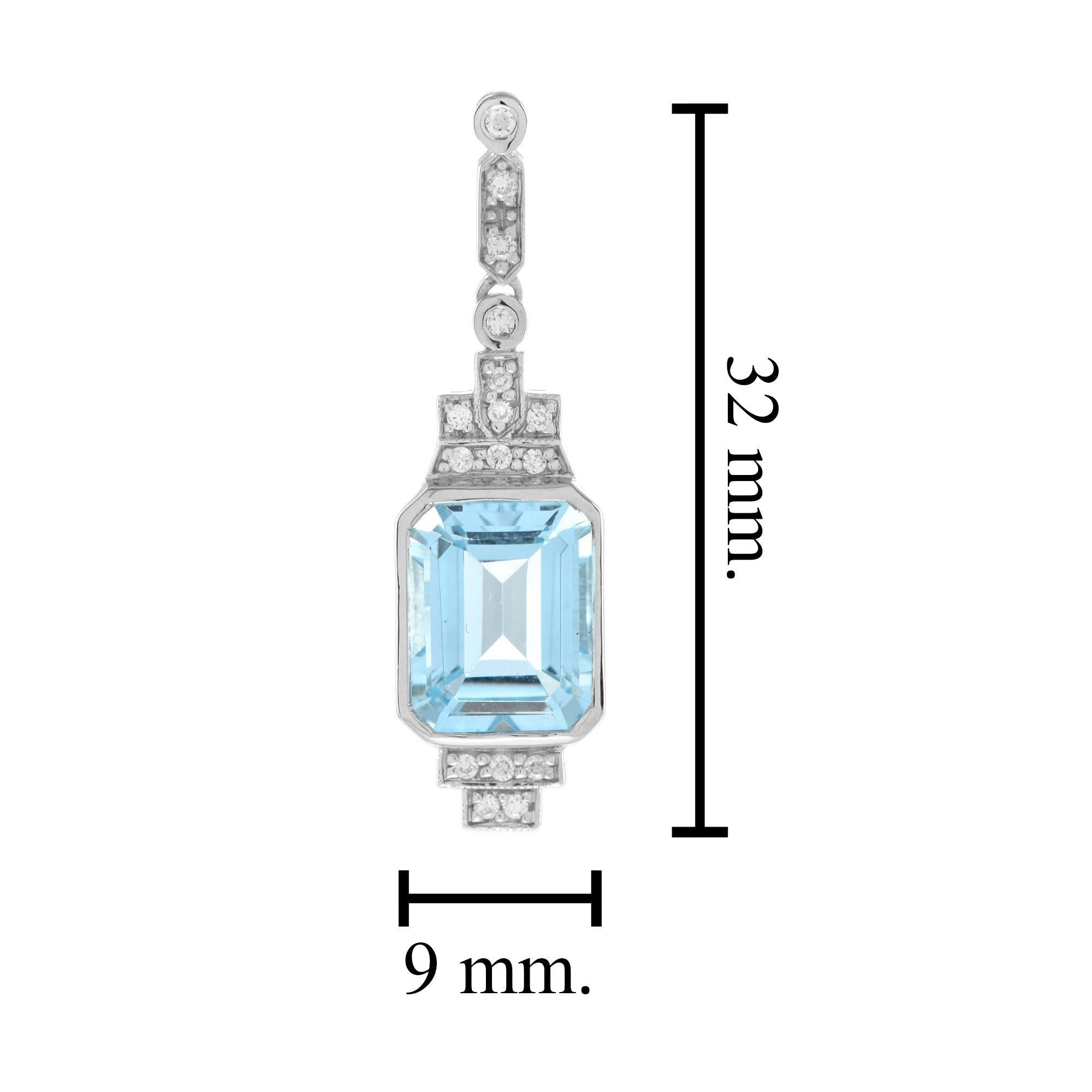 Art Deco Style Emerald Cut Blue Topaz and Diamond in 9K White Gold I For Sale 2