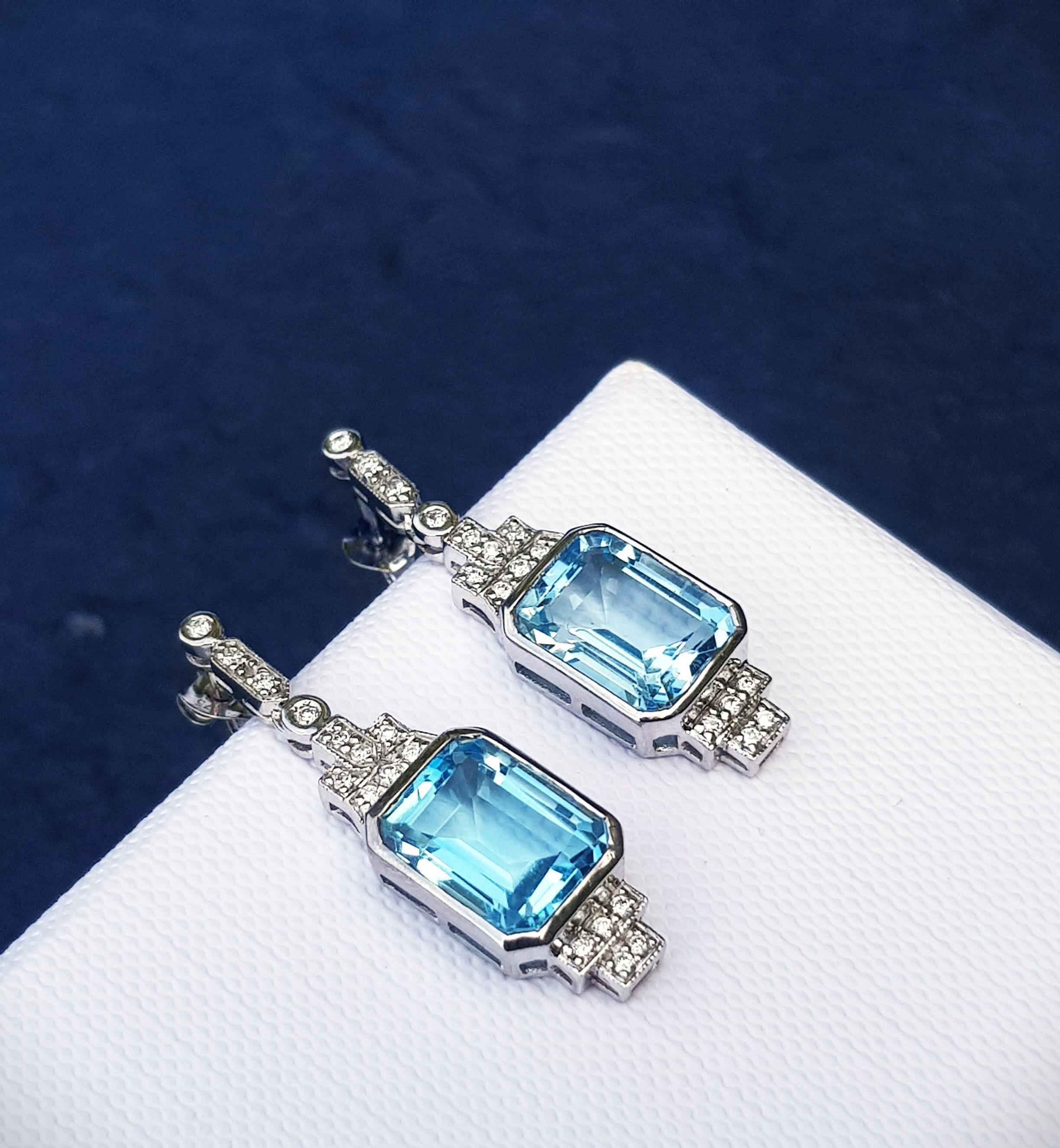 Art Deco Style Emerald Cut Blue Topaz and Diamond in 9K White Gold I ...
