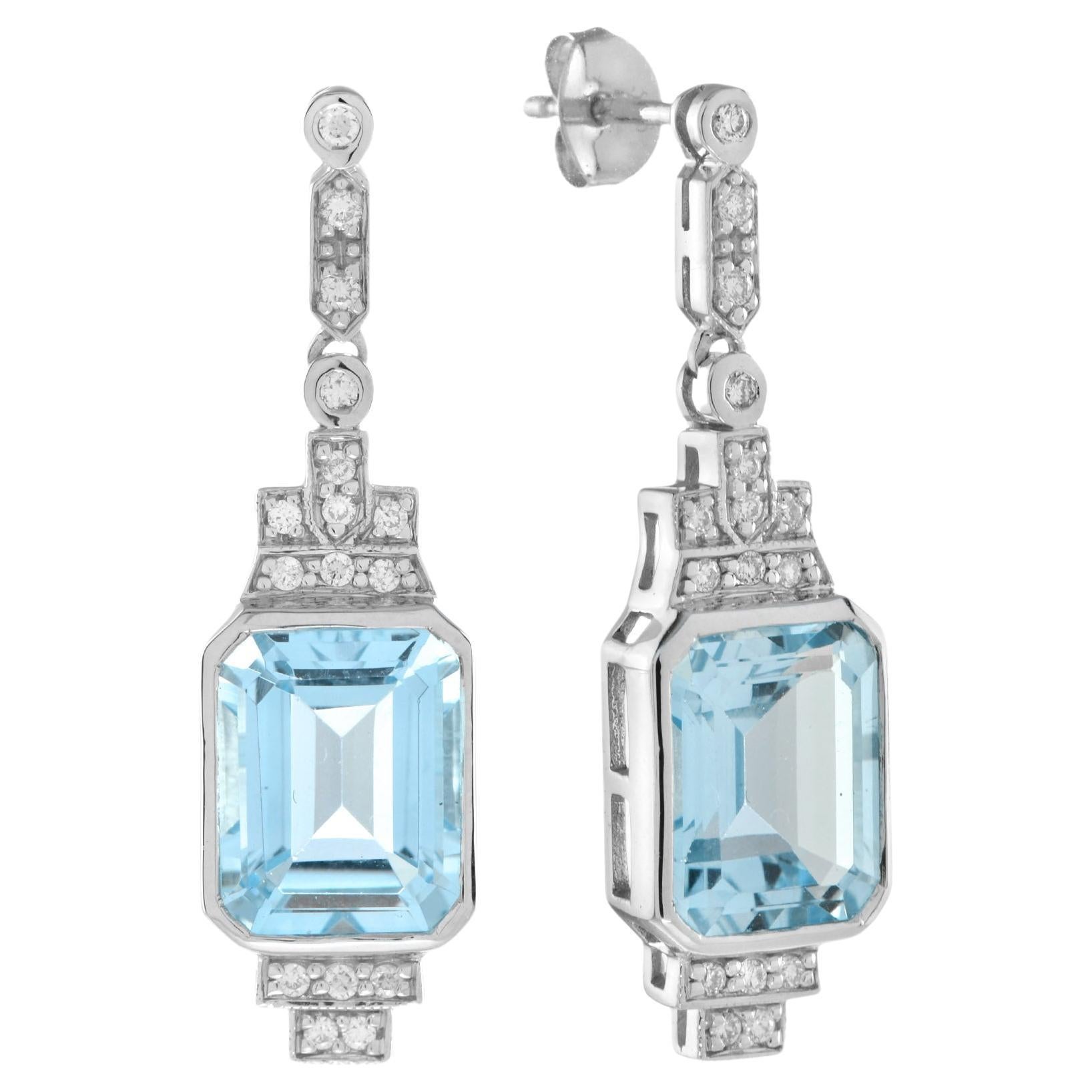 Art Deco Style Emerald Cut Blue Topaz and Diamond in 9K White Gold I For Sale