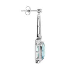 Art Deco Stil Smaragd Schliff Blauer Topas & Diamant Tropfen 14K Weißgold Ohrringe
