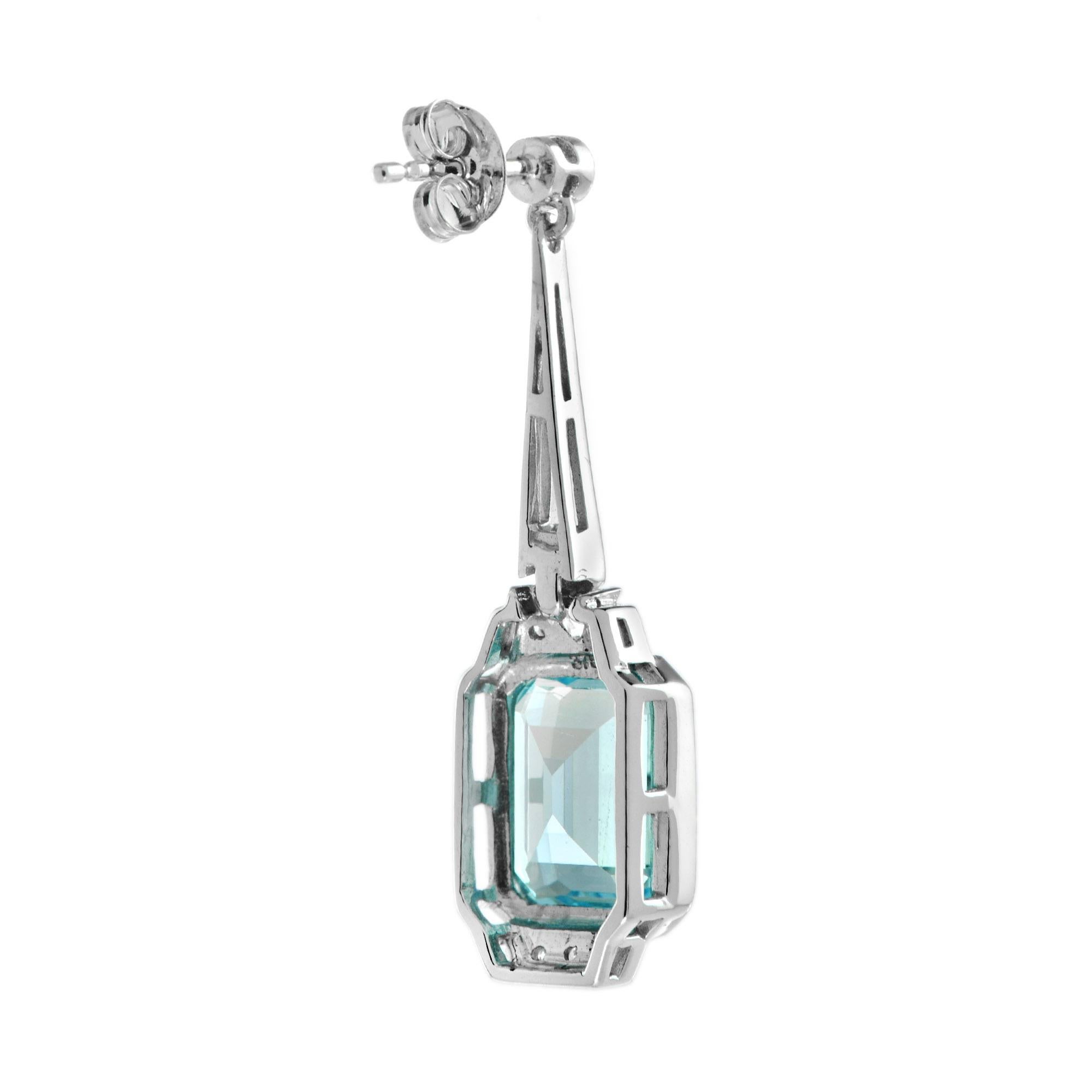 Art déco Art Deco Style Emerald Cut Blue Topaz & Diamond Drop 14K White Gold Earrings en vente