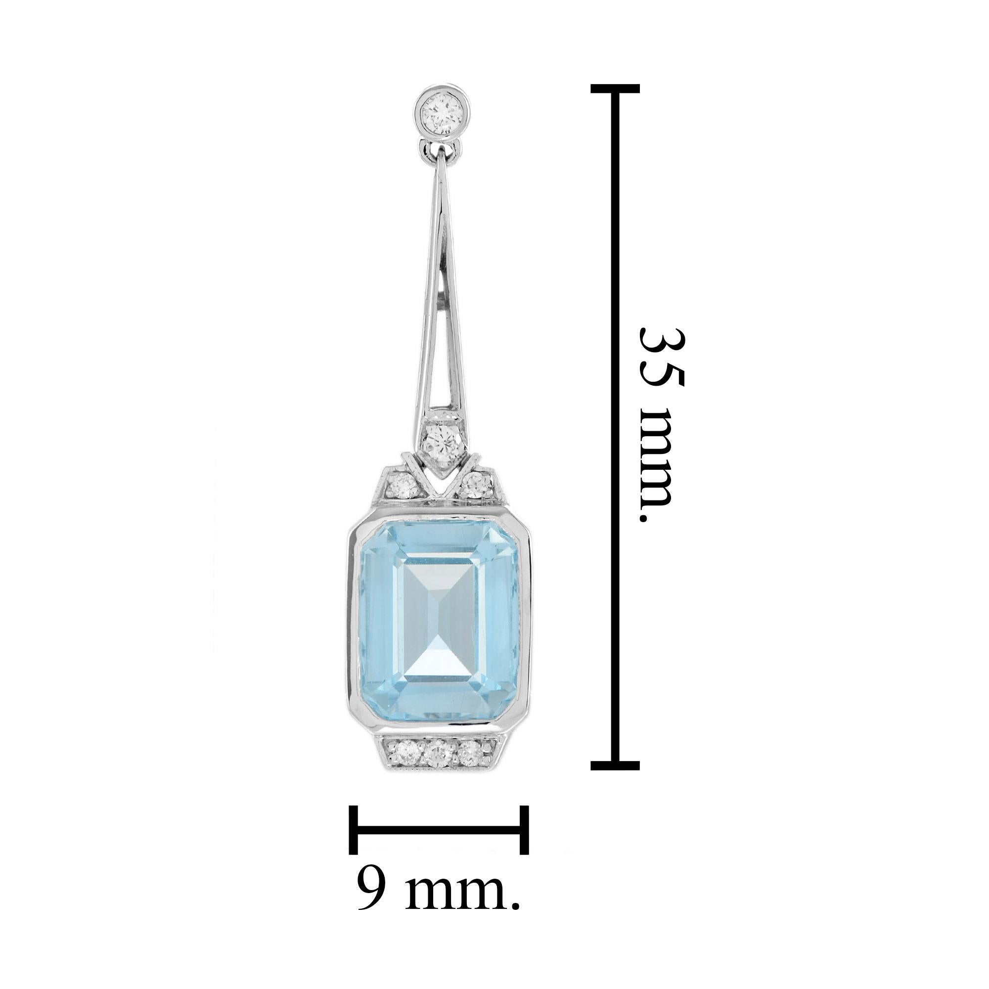 Art Deco Style Emerald Cut Blue Topaz & Diamond Drop 14K White Gold Earrings Pour femmes en vente