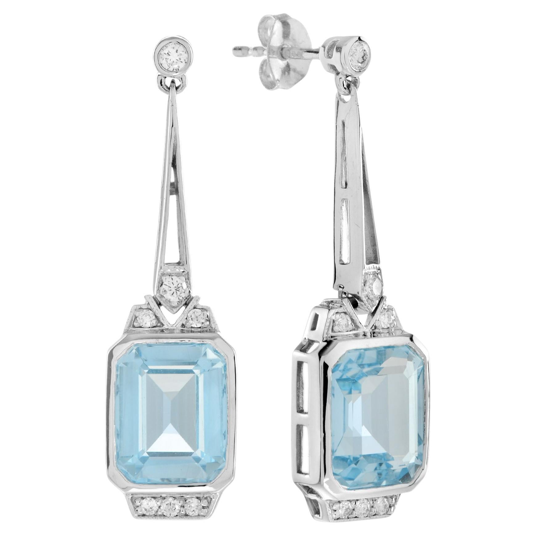 Art Deco Style Emerald Cut Blue Topaz & Diamond Drop 14K White Gold Earrings