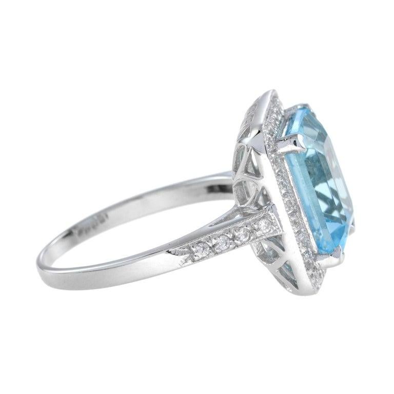 Art Deco Style Emerald Cut Blue Topaz & Diamond Engagement 18K White Gold Ring In New Condition For Sale In Oakton, VA