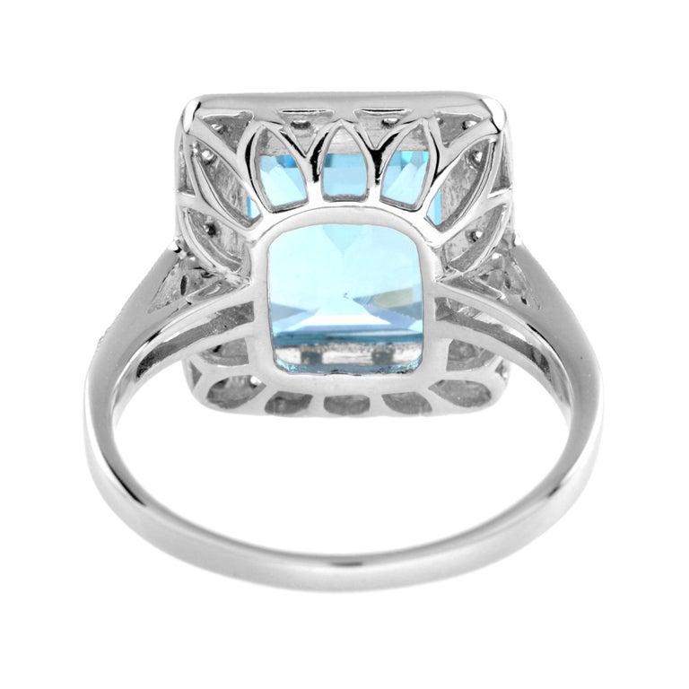 Women's Art Deco Style Emerald Cut Blue Topaz & Diamond Engagement 18K White Gold Ring For Sale