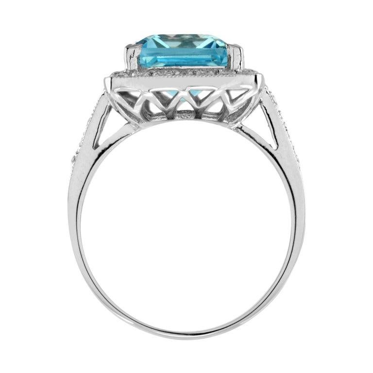 Art Deco Style Emerald Cut Blue Topaz & Diamond Engagement 18K White Gold Ring For Sale 1