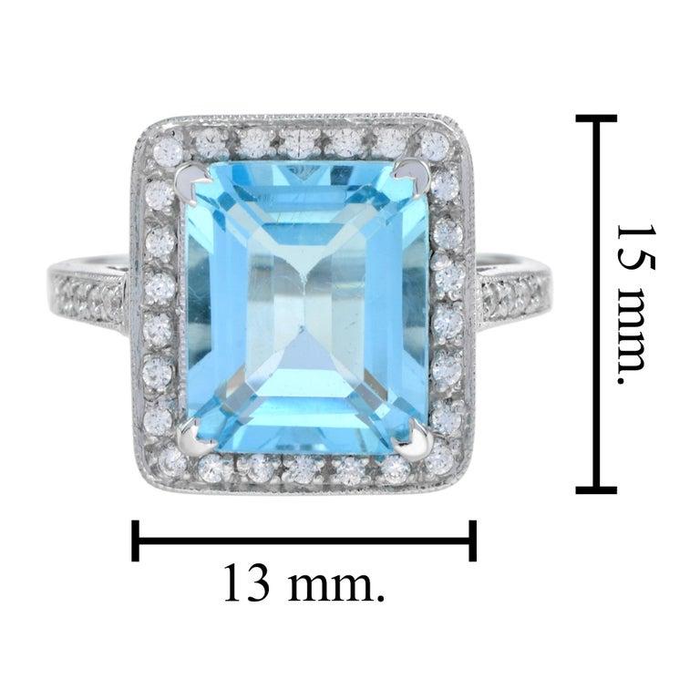 Art Deco Style Emerald Cut Blue Topaz & Diamond Engagement 18K White Gold Ring For Sale 2