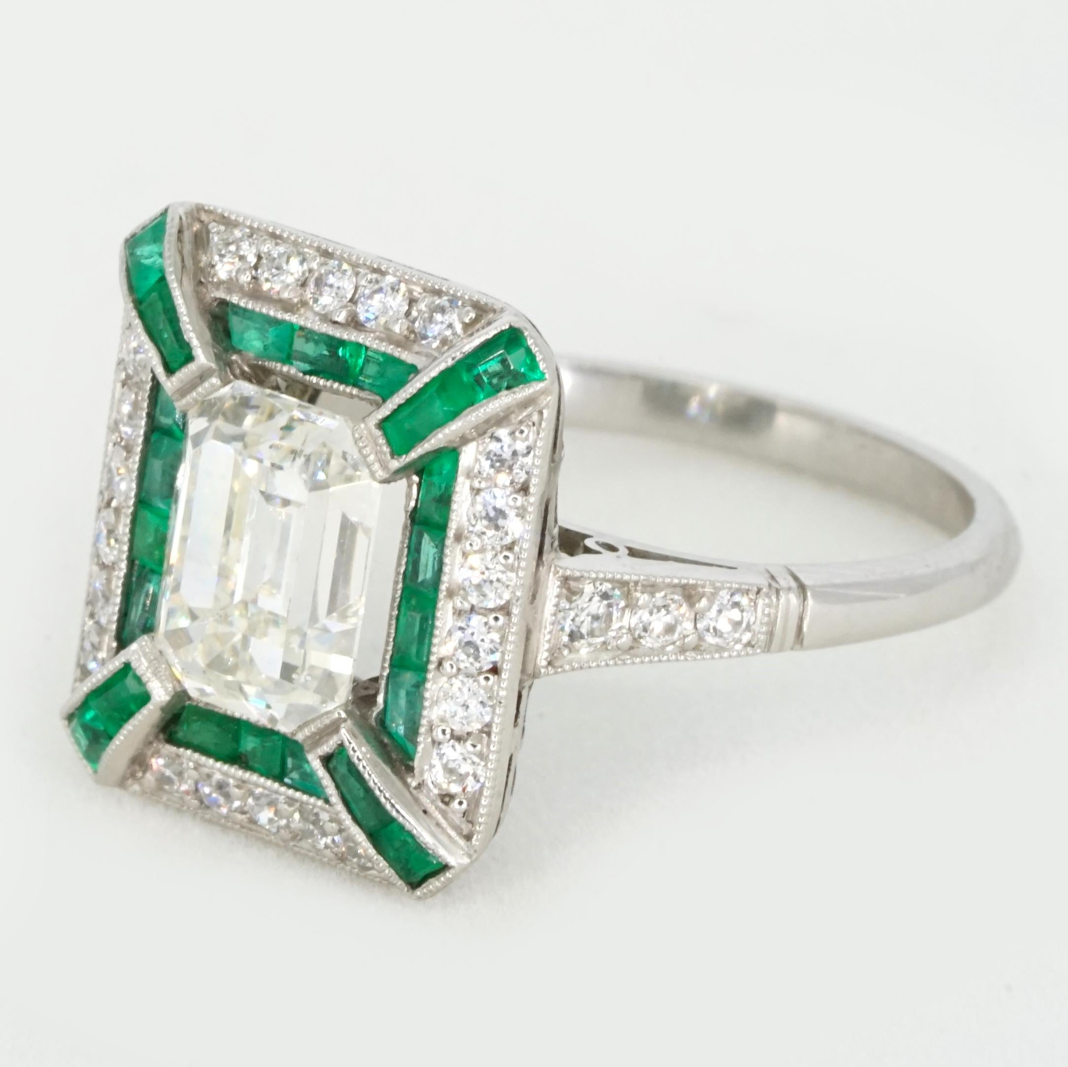 Emerald Cut Art Deco Emerald-Cut Diamond and Emerald Halo 14K White Gold Ring For Sale