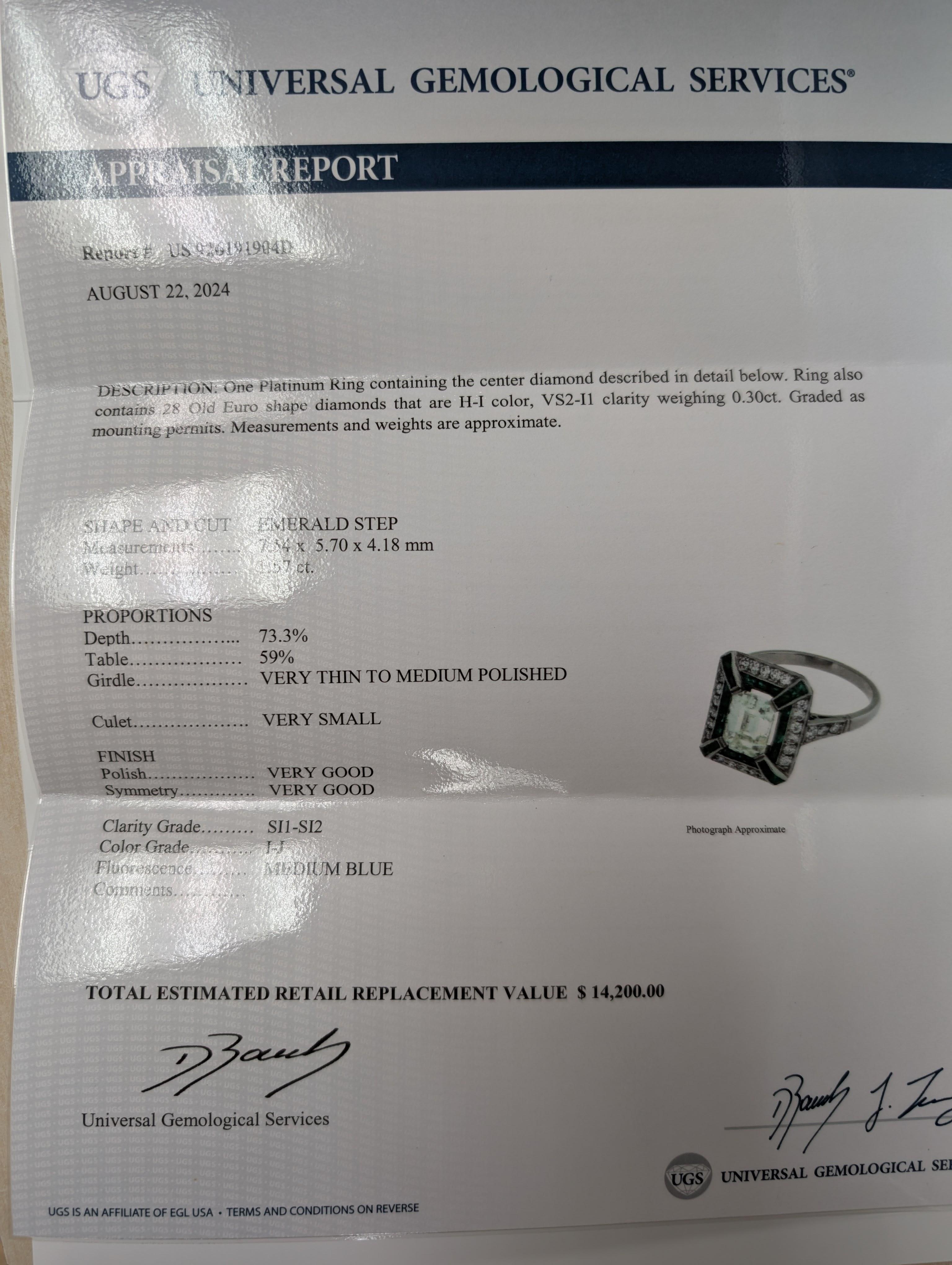 Women's or Men's Art Deco Emerald-Cut Diamond and Emerald Halo 14K White Gold Ring For Sale