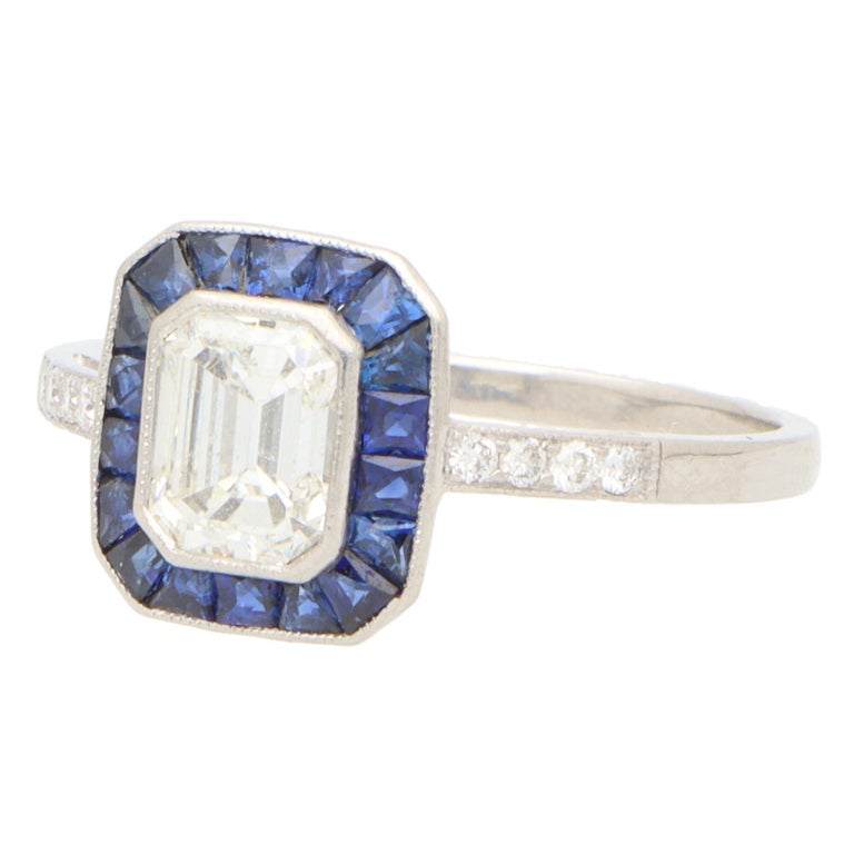 Women's or Men's Art Deco Style Emerald Cut Diamond and Sapphire Halo Engagement Ring in Platinum For Sale