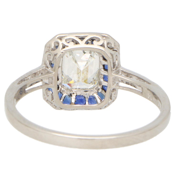 Art Deco Style Emerald Cut Diamond and Sapphire Halo Engagement Ring in Platinum For Sale 2