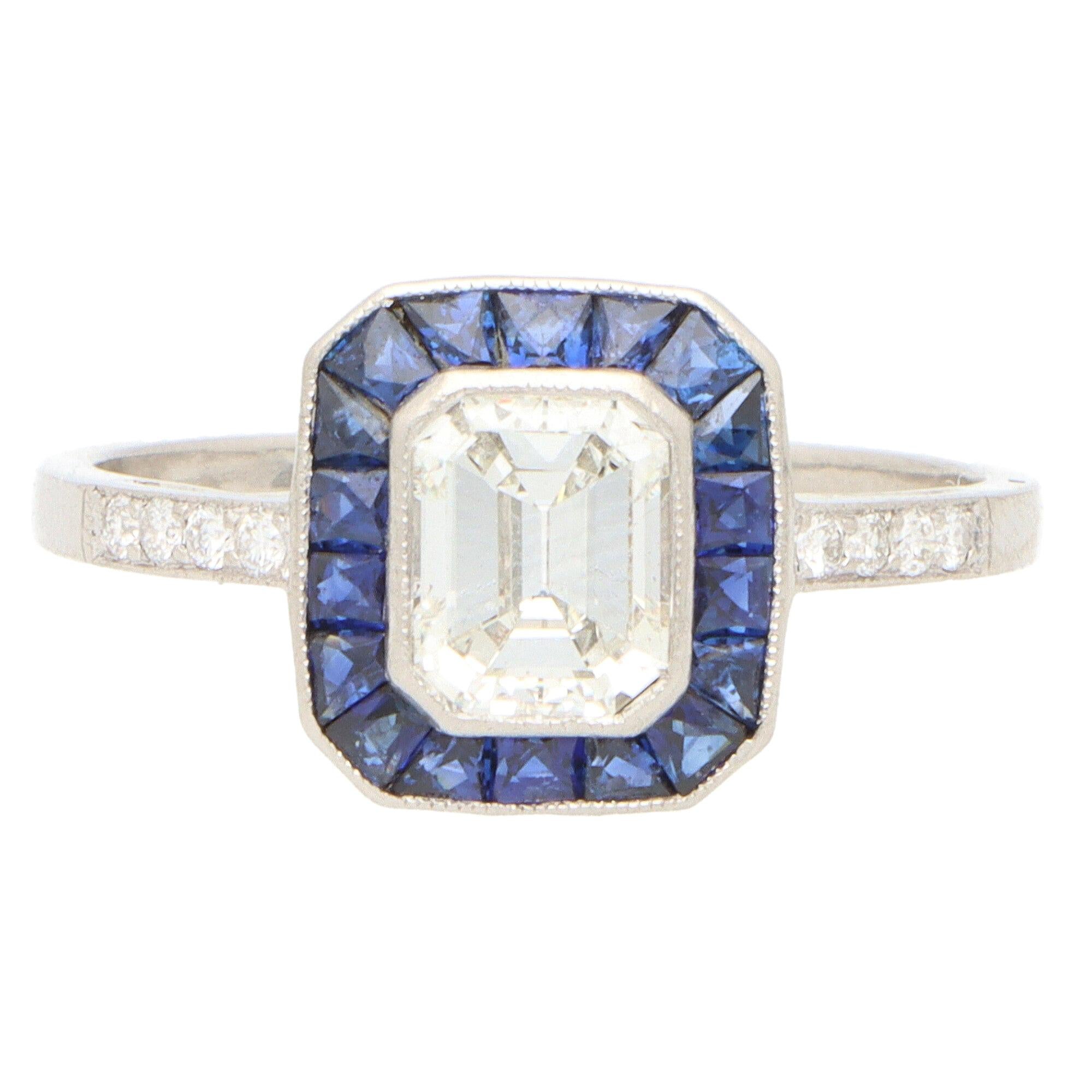 Art Deco Style Emerald Cut Diamond and Sapphire Halo Engagement Ring in Platinum