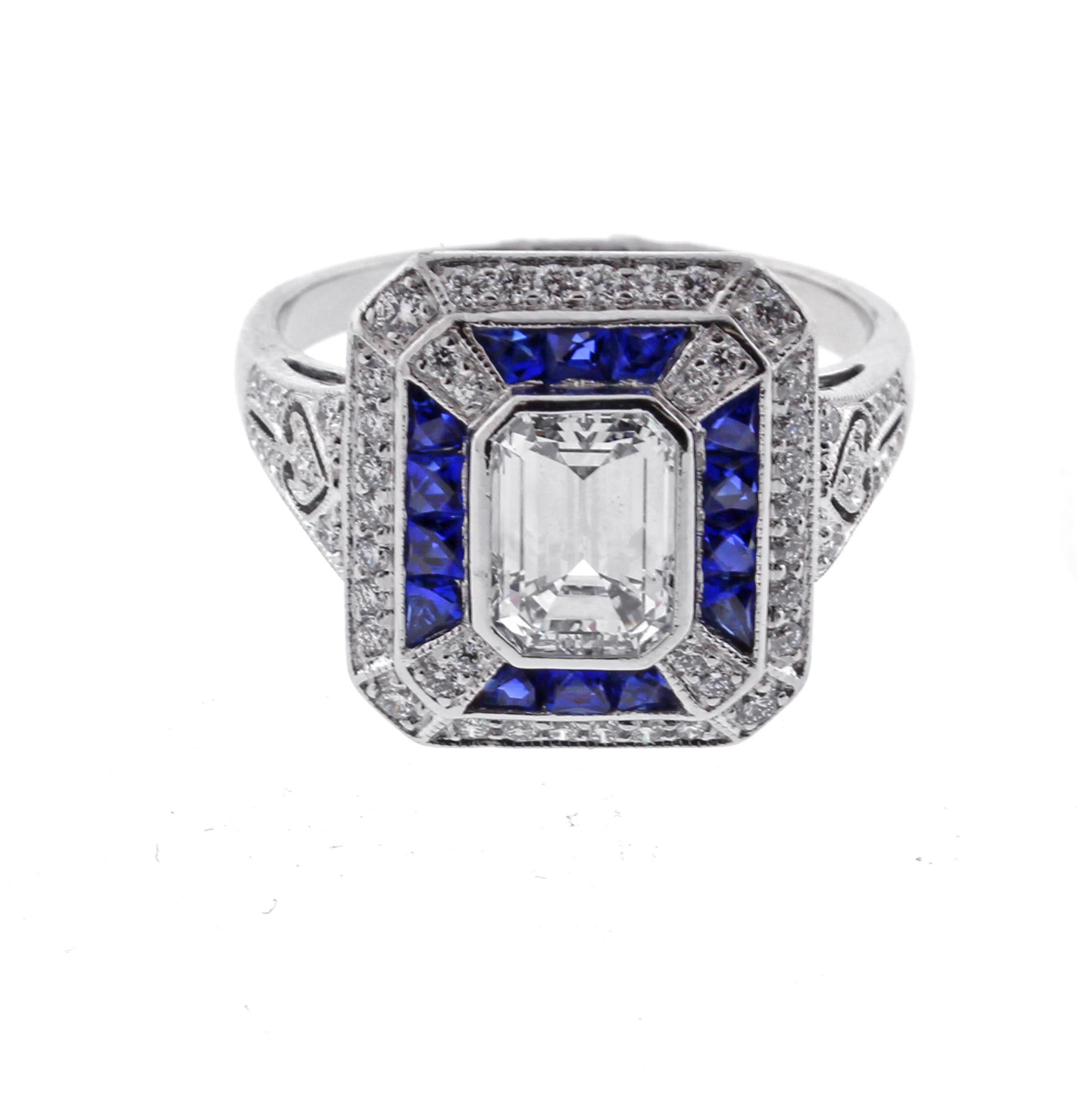 Art Deco Style Emerald Cut Diamond and Sapphire Ring In Excellent Condition In Bethesda, MD