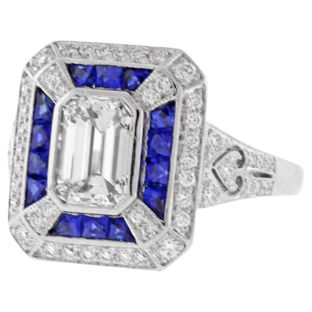 Art Deco Style Emerald Cut Diamond and Sapphire Ring