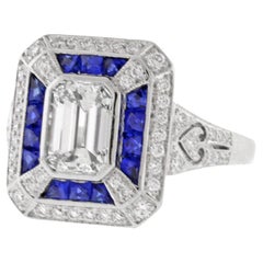 Art Deco Style Emerald Cut Diamond and Sapphire Ring