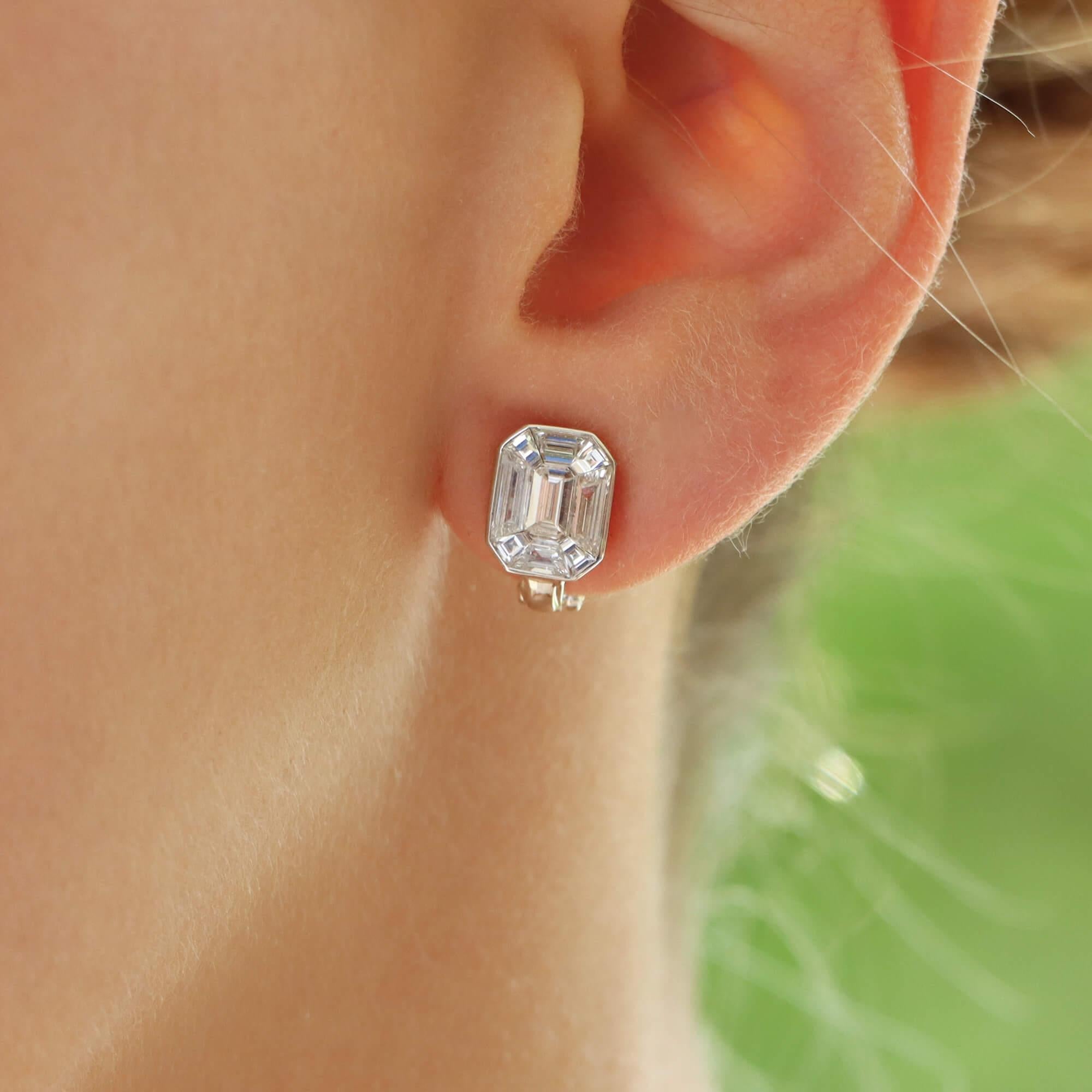 Art Deco Style Emerald Cut Diamond Cluster Earrings in Platinum 5